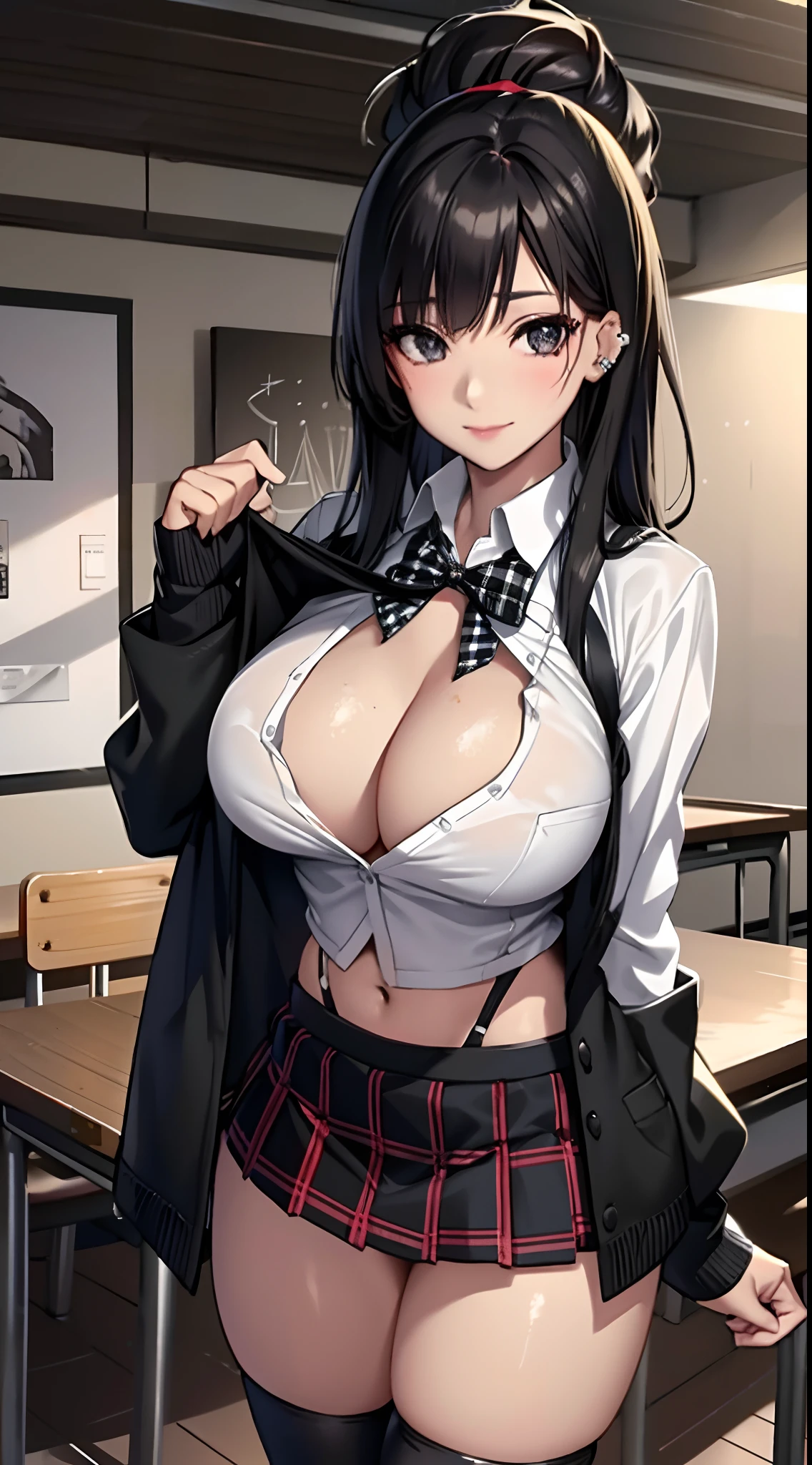 Photorealistic, trending on Pixiv trending on civitai, anime realism,Azur Lane, sexworker, at a sexclub, working at a pleasure club, hostess, best quality, masterpiece,1 girl,solo,yukiko,smile, black knee high stockings,(black cardigan unbuttoned, black plaid skirt,black tie, white shirt unbuttoned,school uniform:1.2), huge breasts,black tights   <lora:yukikoAmagiPersona4_v10:0.8), realistic, highest resolution, hentai, vtuber, cleavage, breasts indentation, areolas protruding sweater open, shirt open, unbuttoned, exposed, xxx, realistic and sexy prostitute Vtuber, in a sexclub, pornstar pose, pleasure club, shibari, shredded, half Asian half Dominican, mixed girl, tattoos and piercings, camel toe, perfect lighting perfect body perfect face perfect hands perfect fingers perfect breasts perfect hair perfect image, sixpack abs, shredded, fit, toned thighs, perfect ass, perfect view, ecchi, 8k highest resolution hyperrealism, full body portrait