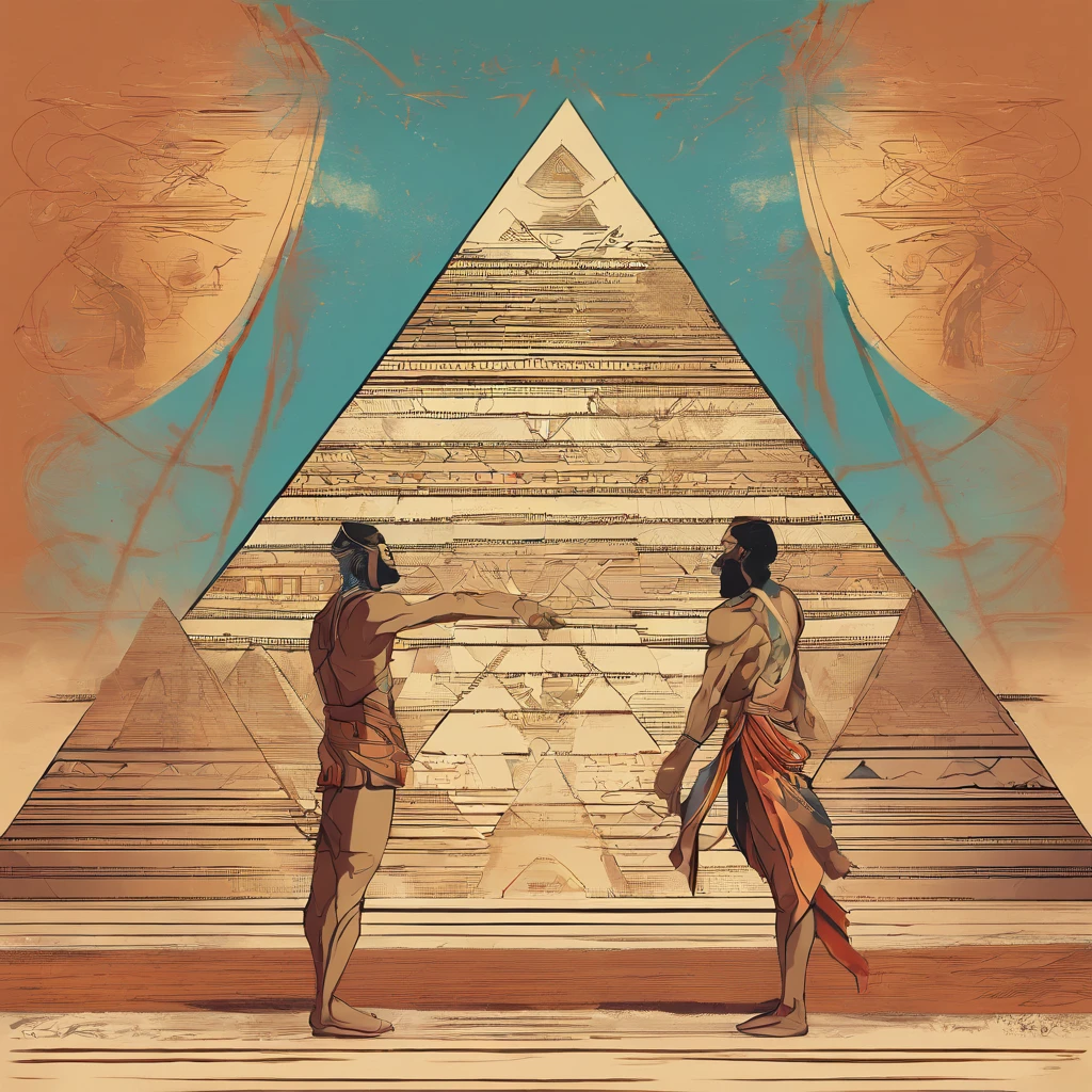 ((ambiance hypnotique)), Deux momies égyptiennes à l’intérieur d’une pyramide, Deux hommes qui ont l’air de danser, (effet psychédélique), représentation des dieux egyptiens,