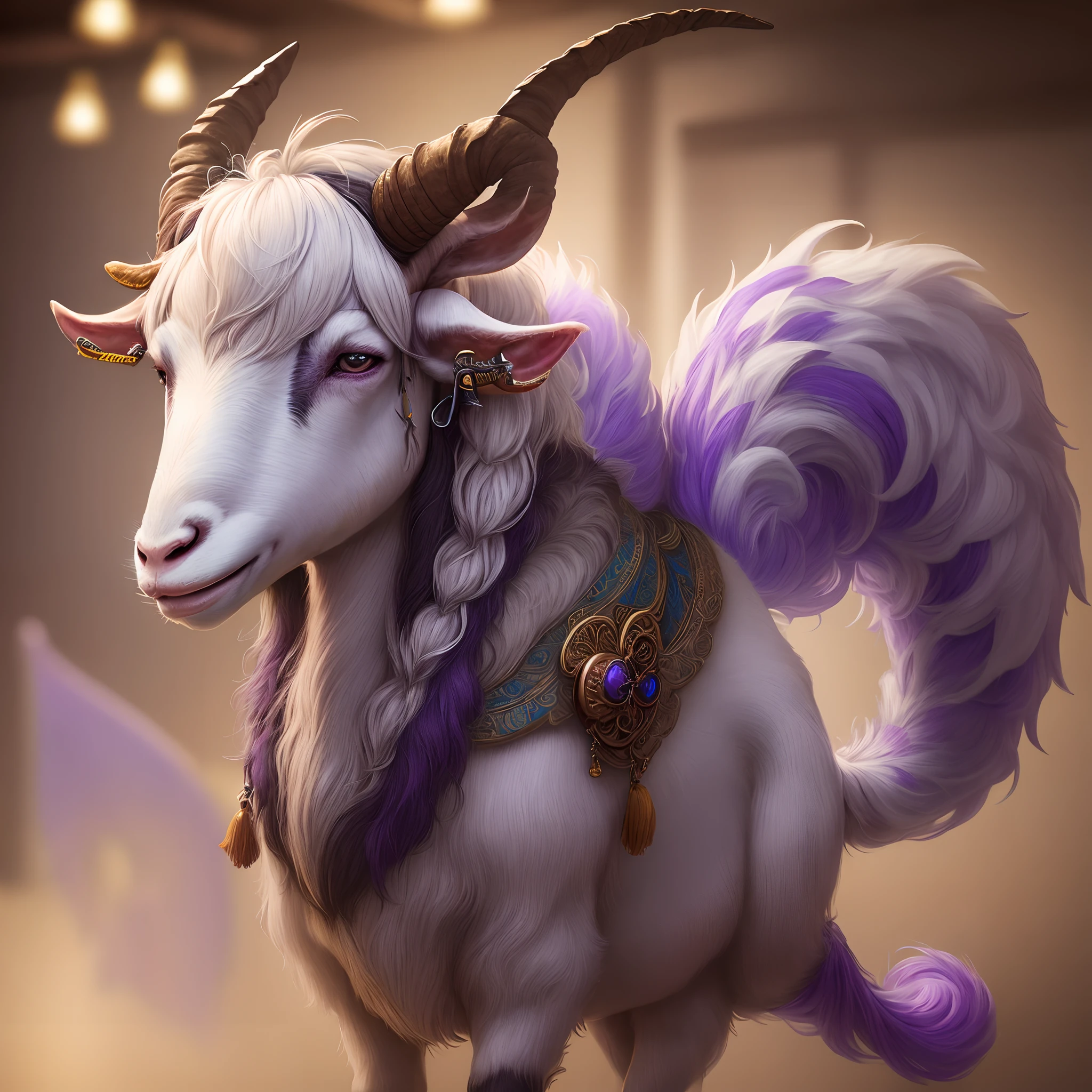 Purple goat with wings long tail and nose piercings