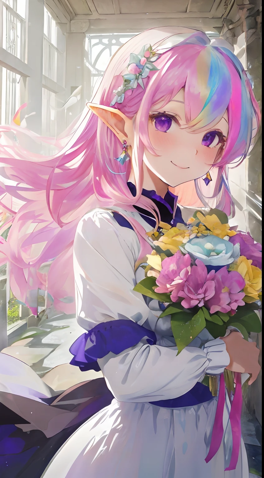 colorful flower々Flower garden in full bloom,A garden full of flowers,Behind it is a temple like Greek mythology,Glass floor reflecting iridescent light,A ridiculously large bouquet(bouquet),fluffy hair(white, orange, Green, Blue, Pink, yellow, Purple),rainbow-colored hair,A fluffy dress with plenty of volume and frills,The hem of the dress is long enough to reach the ground,long elf ears,Large ring earrings,Slightly red tide,soft smiling,huge smile,Teary-eyed,Creating an Angel Ladder,The wind is blowing、The hem of the hair and clothes is fluttering,