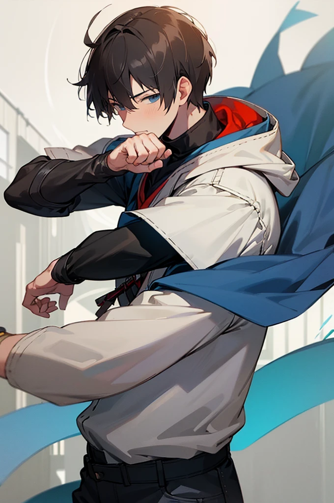 masterpiece, best quality, high quality, 1boy, solo, male focus, looking at viewer, upper body, mugi_awaya, short undercut cool hair, blue eyes, beautiful eyes, black hair, ,long jacket cloak, long jeans, hiking shoes, soft smile, adult man, standing, tall body, adult body, slightly muscle, legs, wear a hood, hidden Blade under his wrist, fighting pose, assassin's creed outfit, empty background