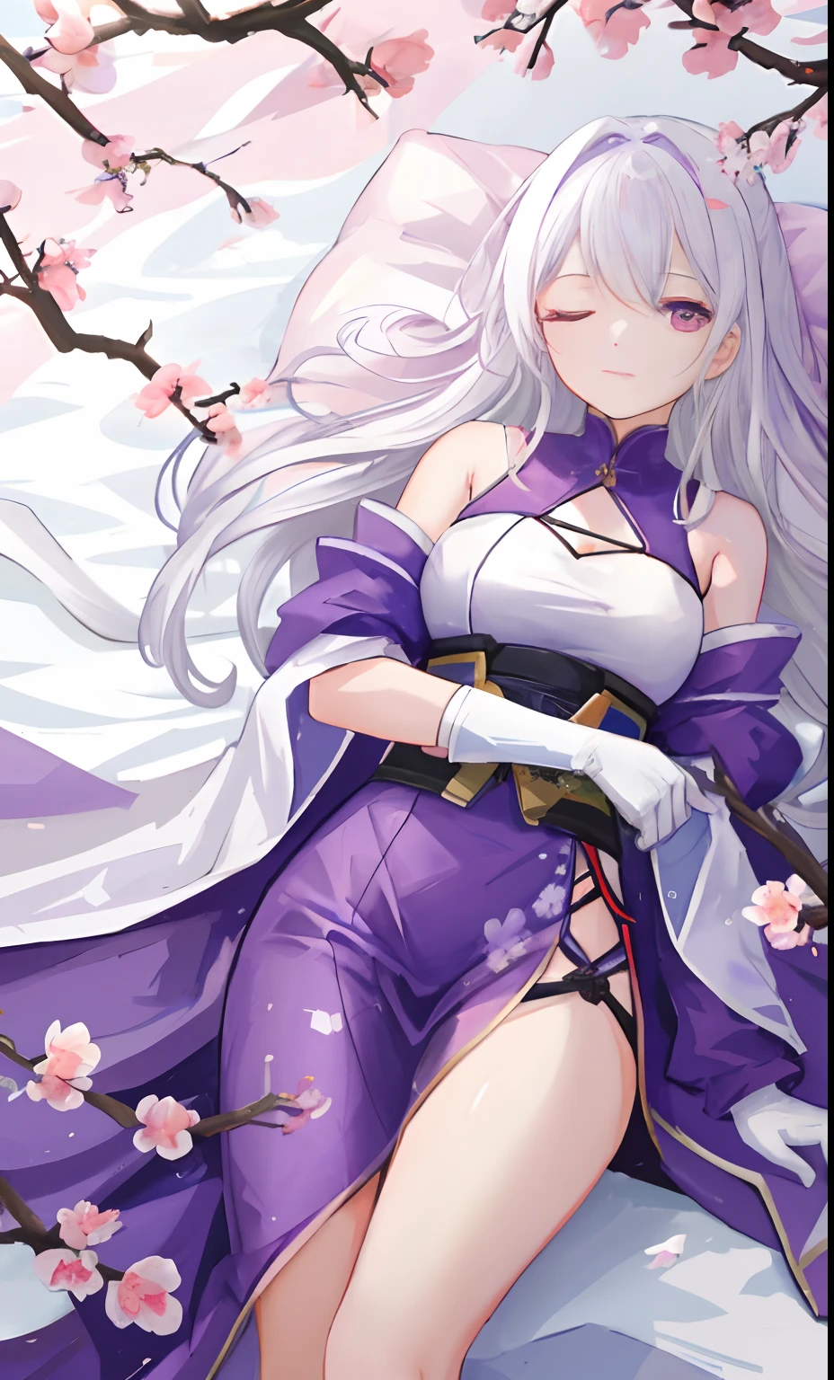 Two-dimensional painting style,24-year-old woman,With his eyes closed,White hair,Wear purple robes,Long white gloves are worn on the elbows(Must be above the elbow),Lie down under the peach blossom tree