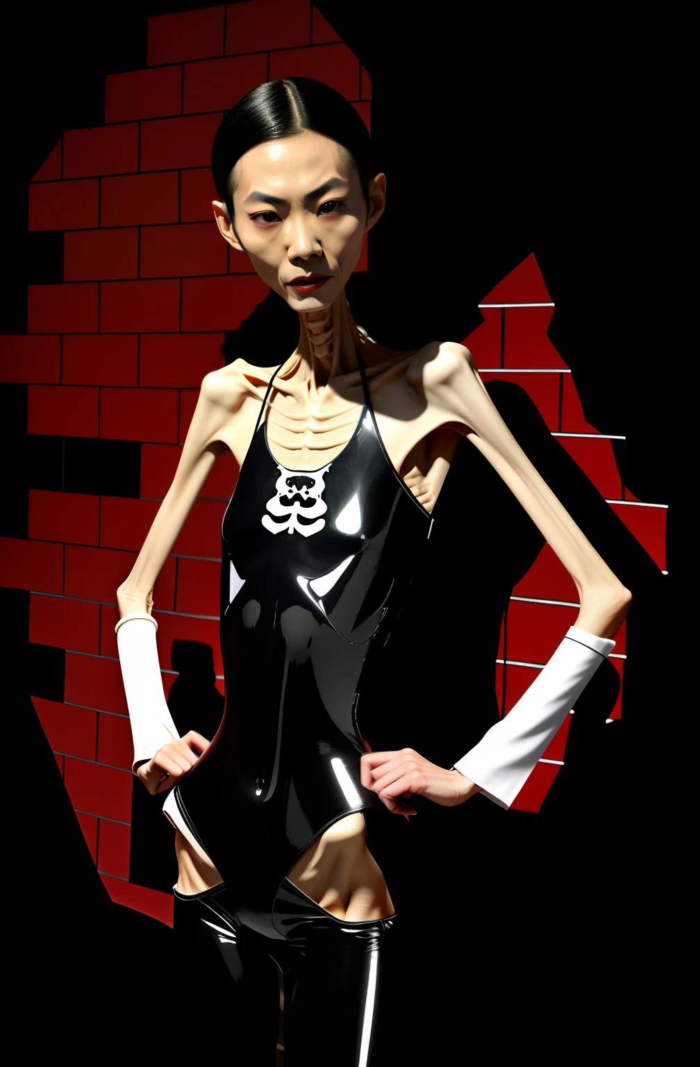 Extremely thin man, A thin body，Protruding sternum，The waist is slender，The ribs are noticeable，Protruding ribs，The pelvis is very pronouncedly protruding，The pelvis is markedly elevated，White skin of the，Thin shoulders，Very slim waist，Extremely skinny，Sunken abdomen，Vacuum belly，Skin and bones，short detailed hair，Haggard face，Wear tight latex clothing，Asian face，The body is as thin as a skeleton，look of anguish，Hunger and weakness，Incompetent men