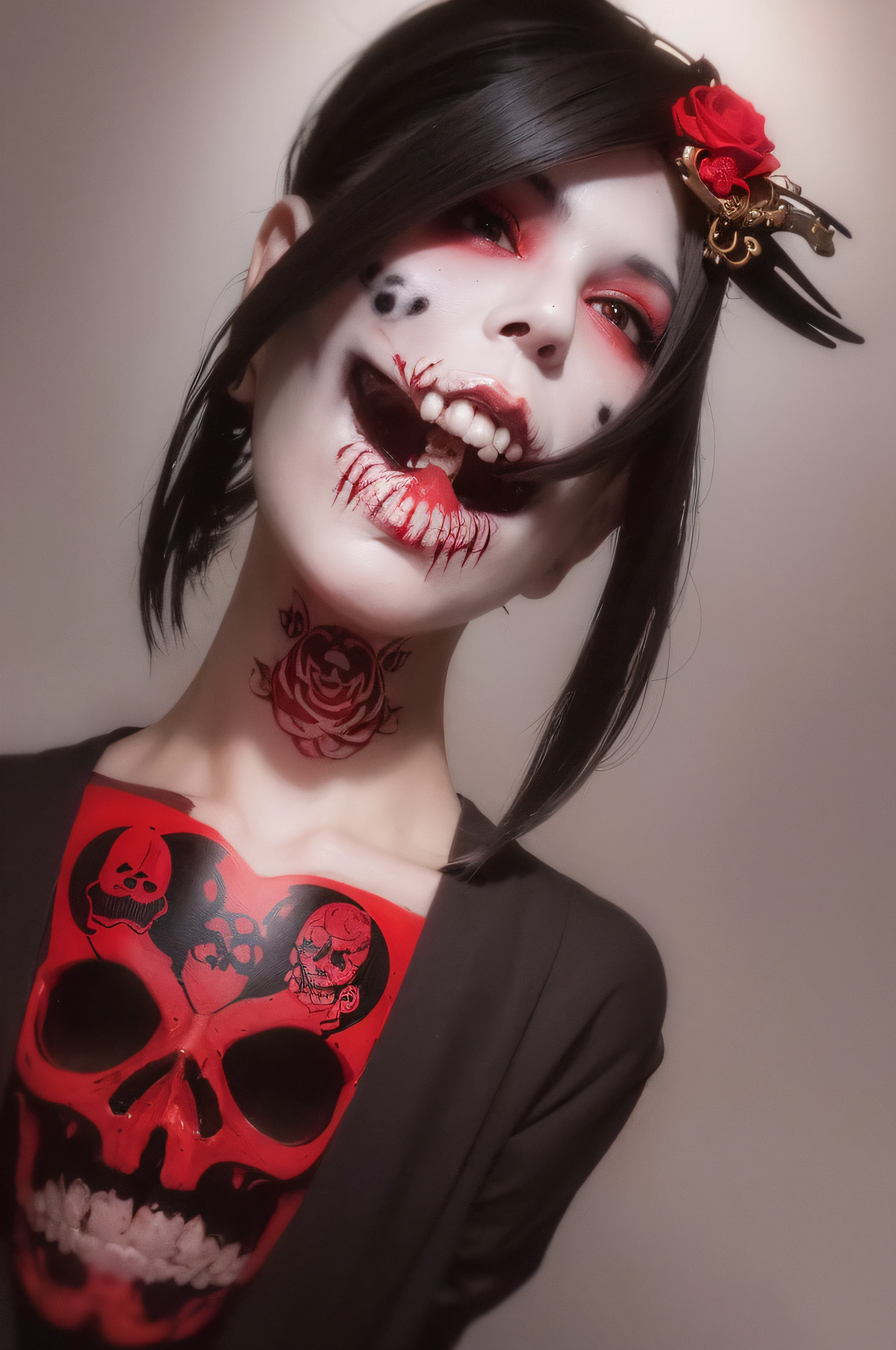 "(The best lighting, oscuro, dramatic),(feto calavera geisha escupiendo tinta roja, Cicatrices, sexy, cerebro, sangre, una rata dentro de la cabeza, terror.),(ojos rojos, calaveras). volumetric light.
