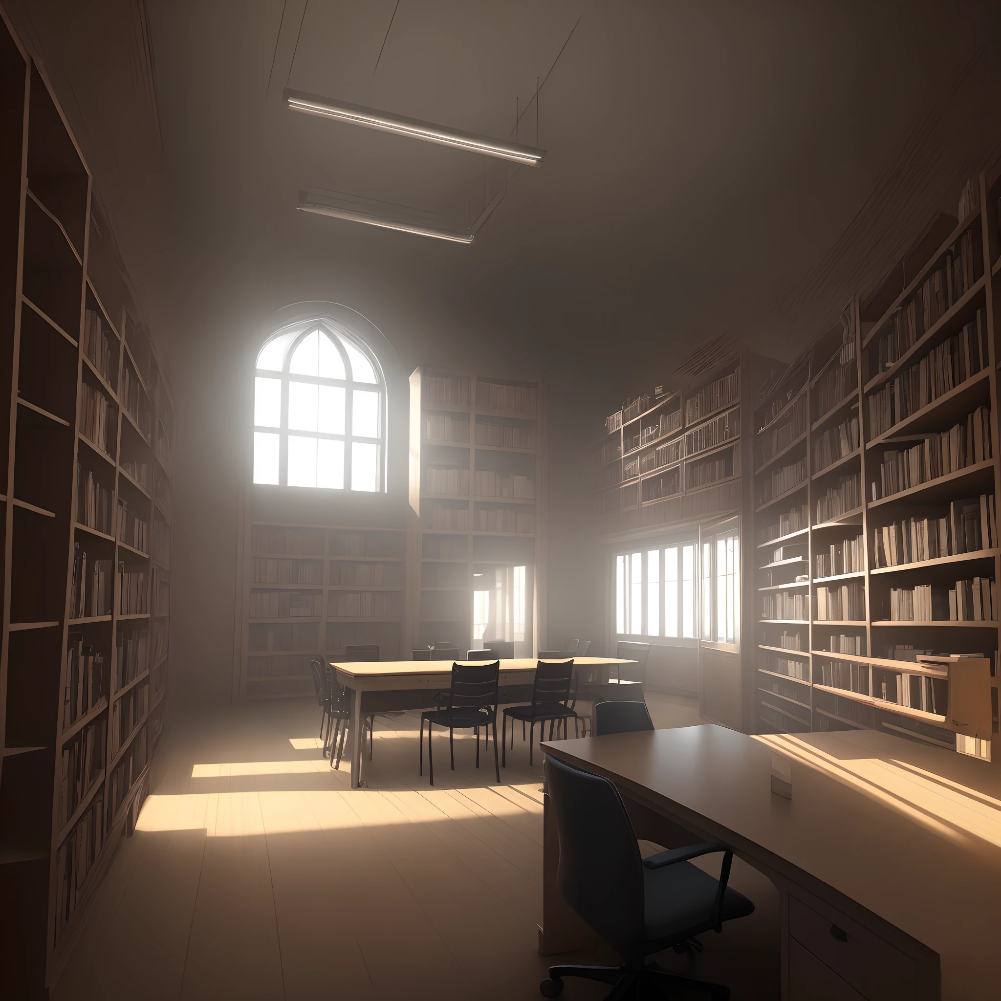 office, dark academia, black, gothic, dark, no light, bookshelves, no windows, desk, chairs