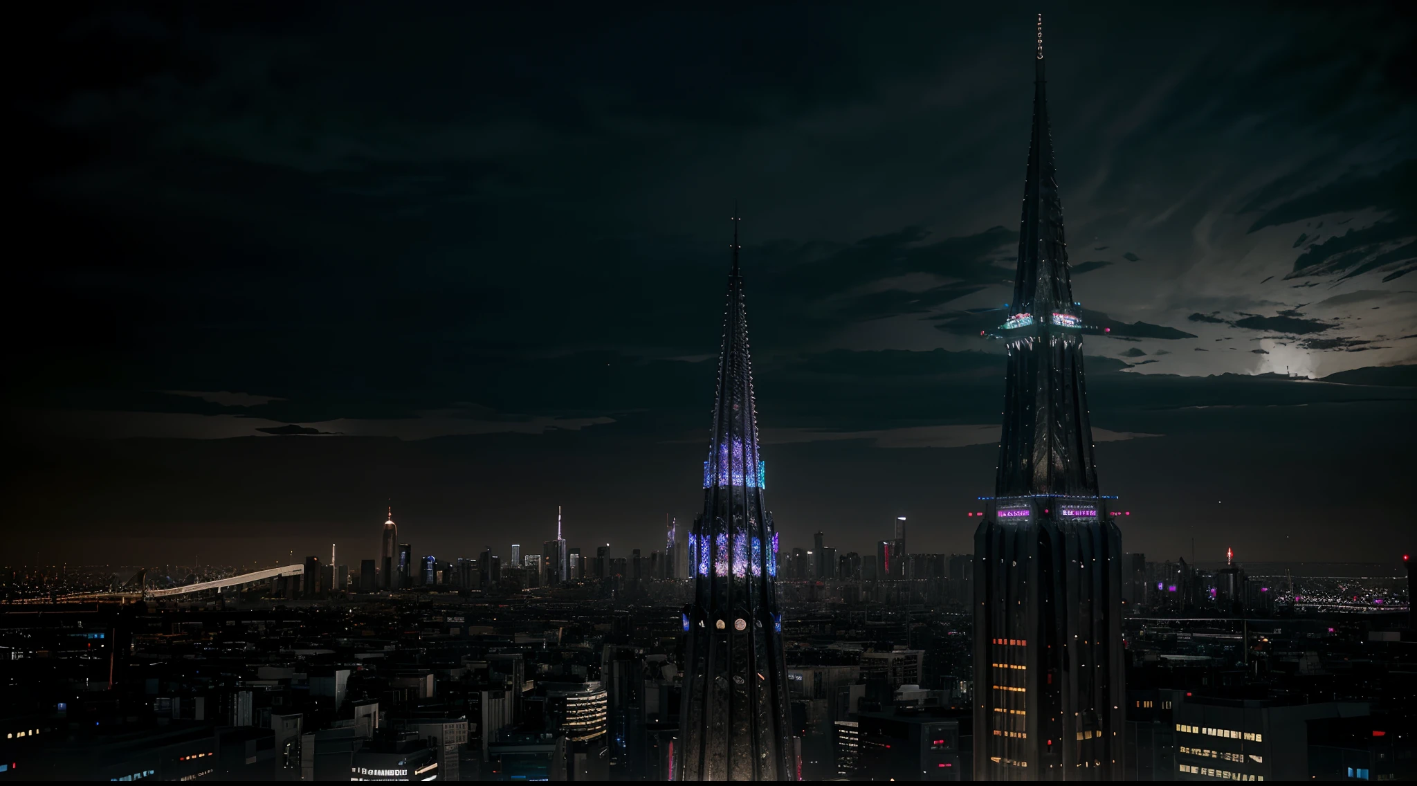 An iron structure with Gothic allegories and a cyberpunk style, a tower that brings together all religions stands in the middle of a metropolis that is the capital of the world in the year 2060.
It is night, the sky is chaotic and the world is restless.
Style: Ultra realistic, HDR, cinematic, cinema.