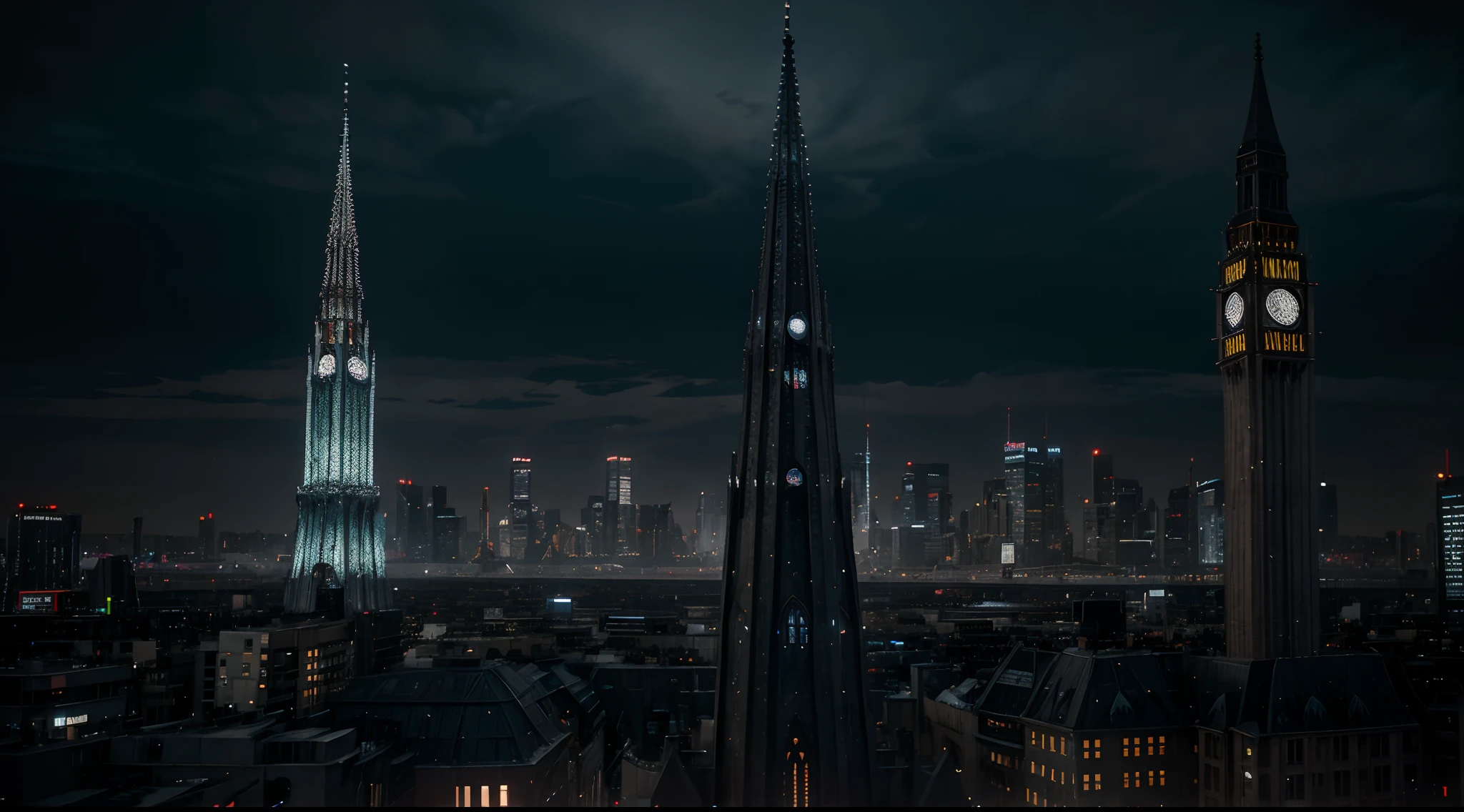 An iron structure with Gothic allegories and a cyberpunk style, a tower that brings together all religions stands in the middle of a metropolis that is the capital of the world in the year 2060.
It is night, the sky is chaotic and the world is restless.
Style: Ultra realistic, HDR, cinematic, cinema.