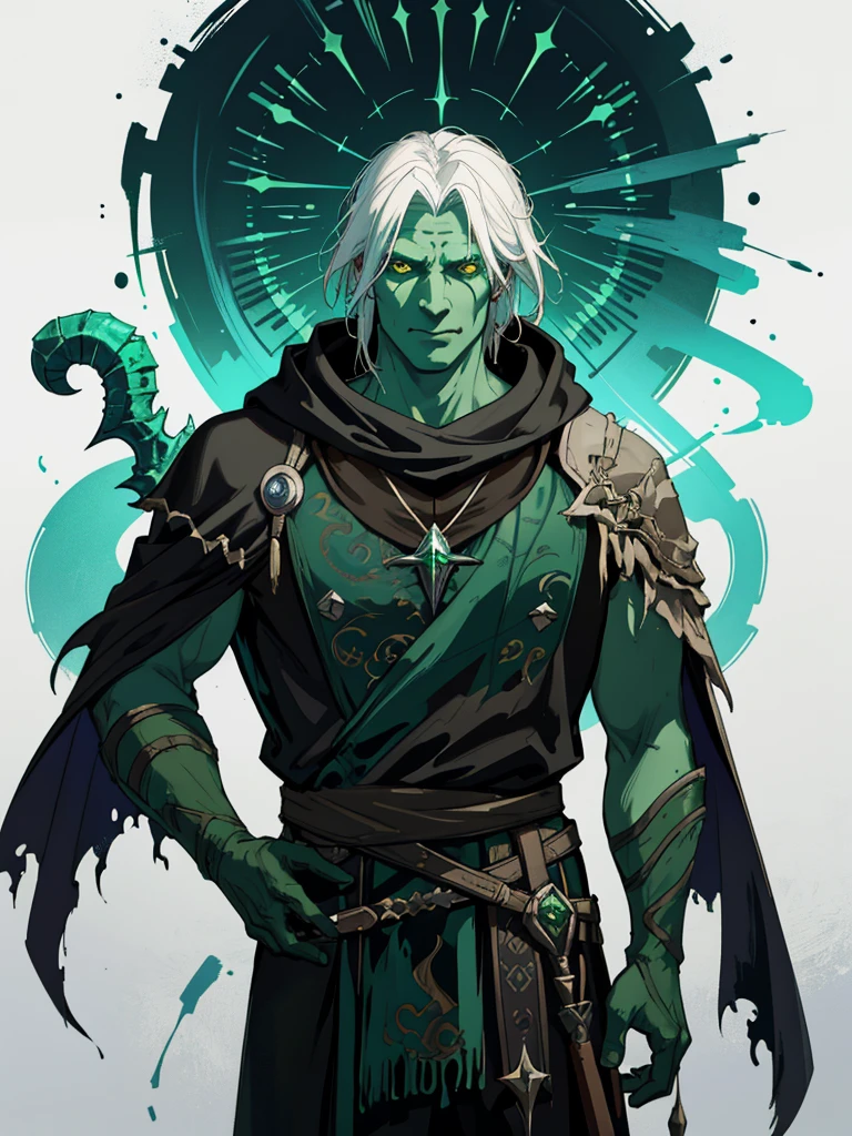 (by Greg Rutkowski: 1.2), (masterpiece), ((best quality)), extremely delicate and beautiful, illustration, intricate detail, splash screen, complementary colors, fantasy concept art, 8k resolution Unreal Engine 5. a 50-year-old orc, 1 orc as a warlock, cosmic horror, warlock's staff on his back, green skin, fat and hunchbacked, Gul'dan, white hair, with goatee, dirty warlock's cloak, with green, green and black, magic lightning on his body, magic runes, necromancer
