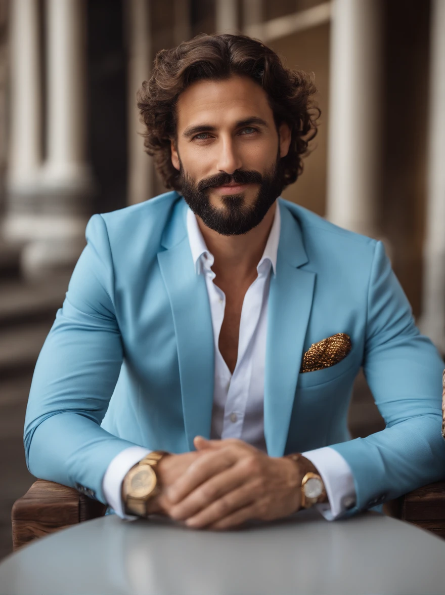 Successful man, not so long curly hair, blue suit, bright blue contrasting eyes, tanned skin, European man, 35 years old, long mustache, beard, looking at the viewer, looking straight, smiling, wide angle shot, half body, gold chain on the chest, relaxed shirt, full body shot