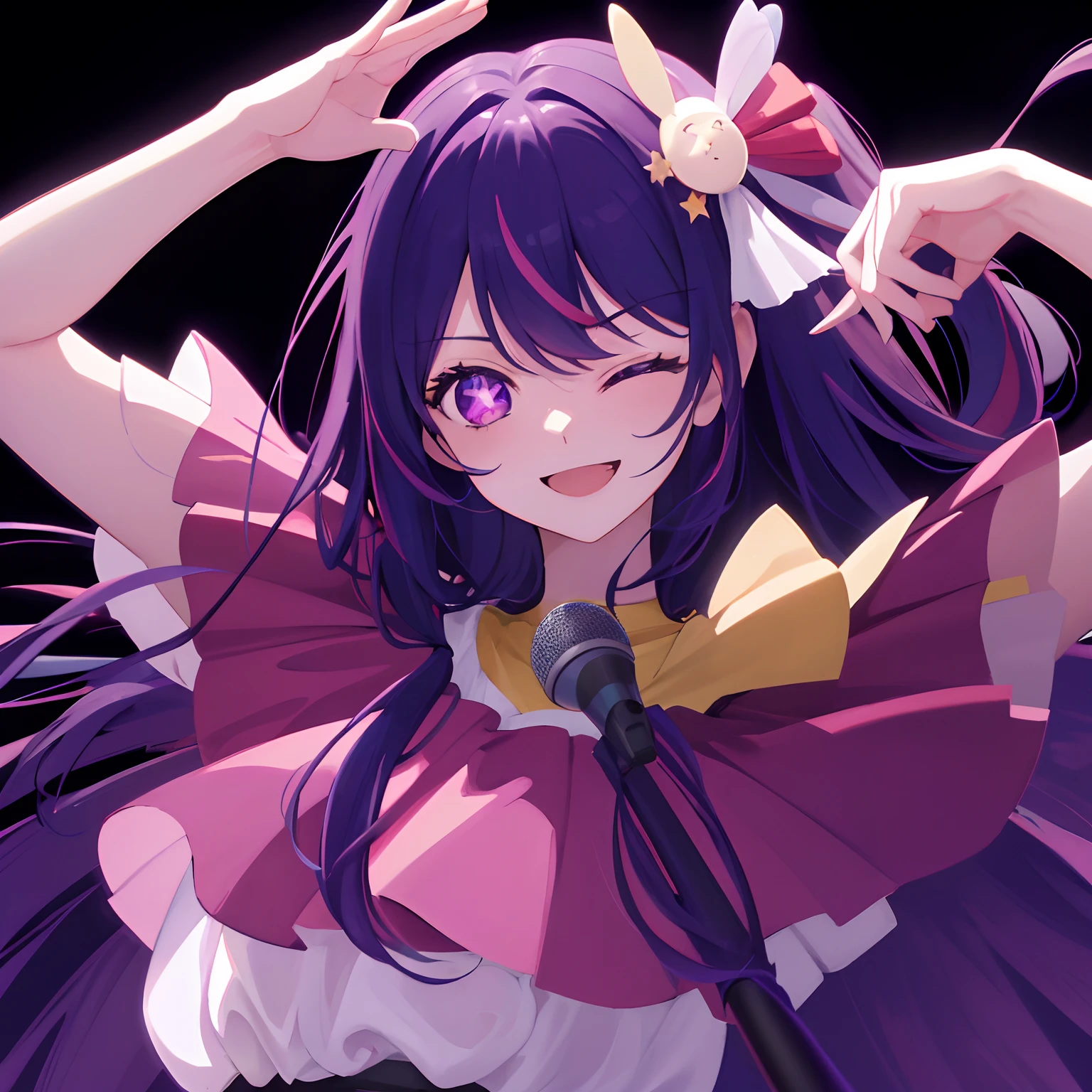 (best quality:1.4, masterpiece, 4k, details), Hoshino Ai, long hair, purple hair, streaked hair ,purple eyes, star-shaped pupils, hair ornament, on stage, smile, right hand pointing at camera, one eye closed, holding a mic with the left hand,close up shot, extremely detailed eyes, glowing eyes, highest quality digital art, Stunning art, wallpaper 4k