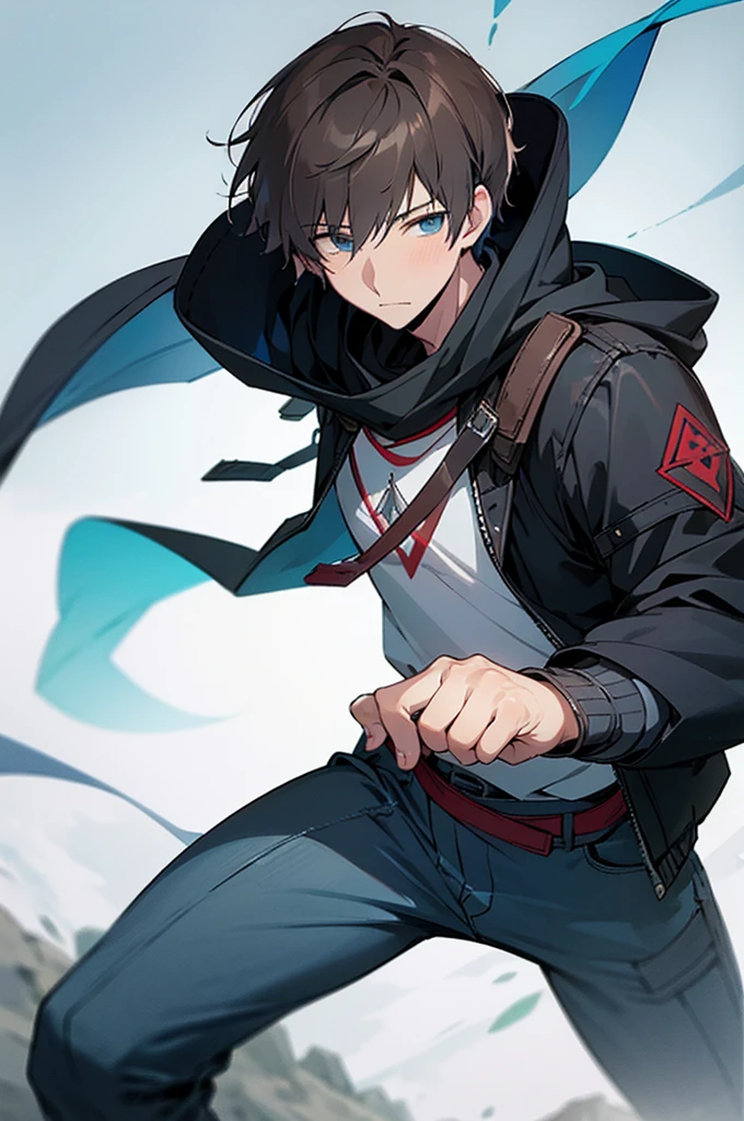 masterpiece, best quality, high quality, 1boy, solo, male focus, looking at viewer, upper body, mugi_awaya, short undercut cool hair, blue eyes, beautiful eyes, black hair, ,long jacket cloak, long jeans, hiking shoes, soft smile, adult man, standing, tall body, adult body, slightly muscle, legs, wear a hood, hidden Blade under his wrist, fighting pose, assassin's creed outfit, empty background
