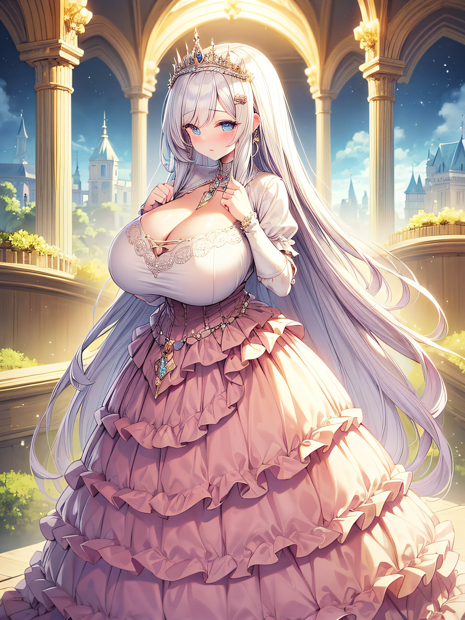 anime artstyle,Masterpiece,(Best Quality), (Super Detail),(Very Delicate and Beautiful),(Solo),((full body portrait)),full body,full body portrait,(detailed face and eyes),jewel-like beautiful eyes,((1 princess in a beautiful embroidery and jeweled rococo princess ballgown with voluminous full length hoop skirt)),((fantasy castle,outdoors,outside the castle)),((Crinoline,Long Train)),super detailed gorgeous princess ballgown with voluminous full length hoop skirt,jeweled Gorgeous rococo princess ballgown with long train,jeweled Gorgeous rococo princess ballgown with long train,gorgeous rococo princess ballgown with beautiful embroidery and jeweled,((large amount of straight hair,extremely voluminous Very Long straight Hair,Absolutely Long Straight Hair)),(((very gigantic boobs,cleavage))),long_gloves,extremely gorgeousfull hair ornament,bling-bling extremely gorgeousfull jeweled tiara,luxurious jewelry,full body portrait