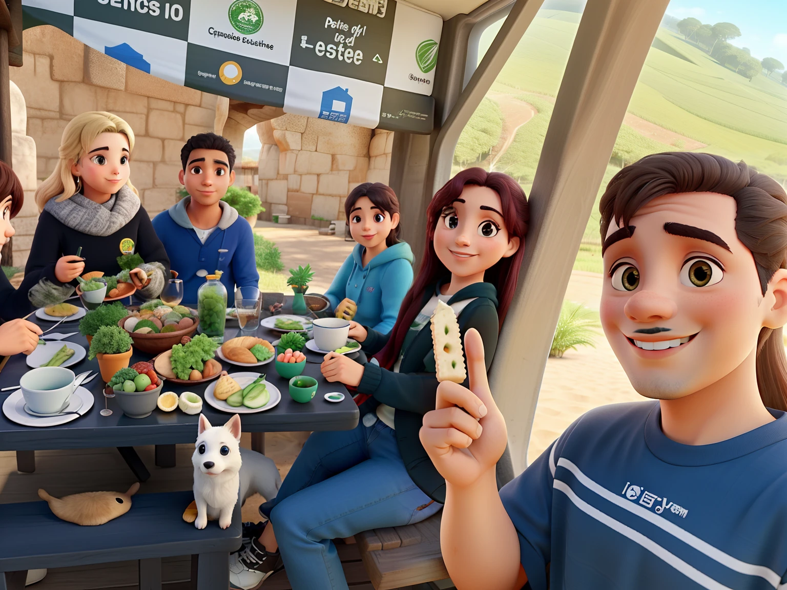 5 pessoas em uma paisagem comendo petiscos