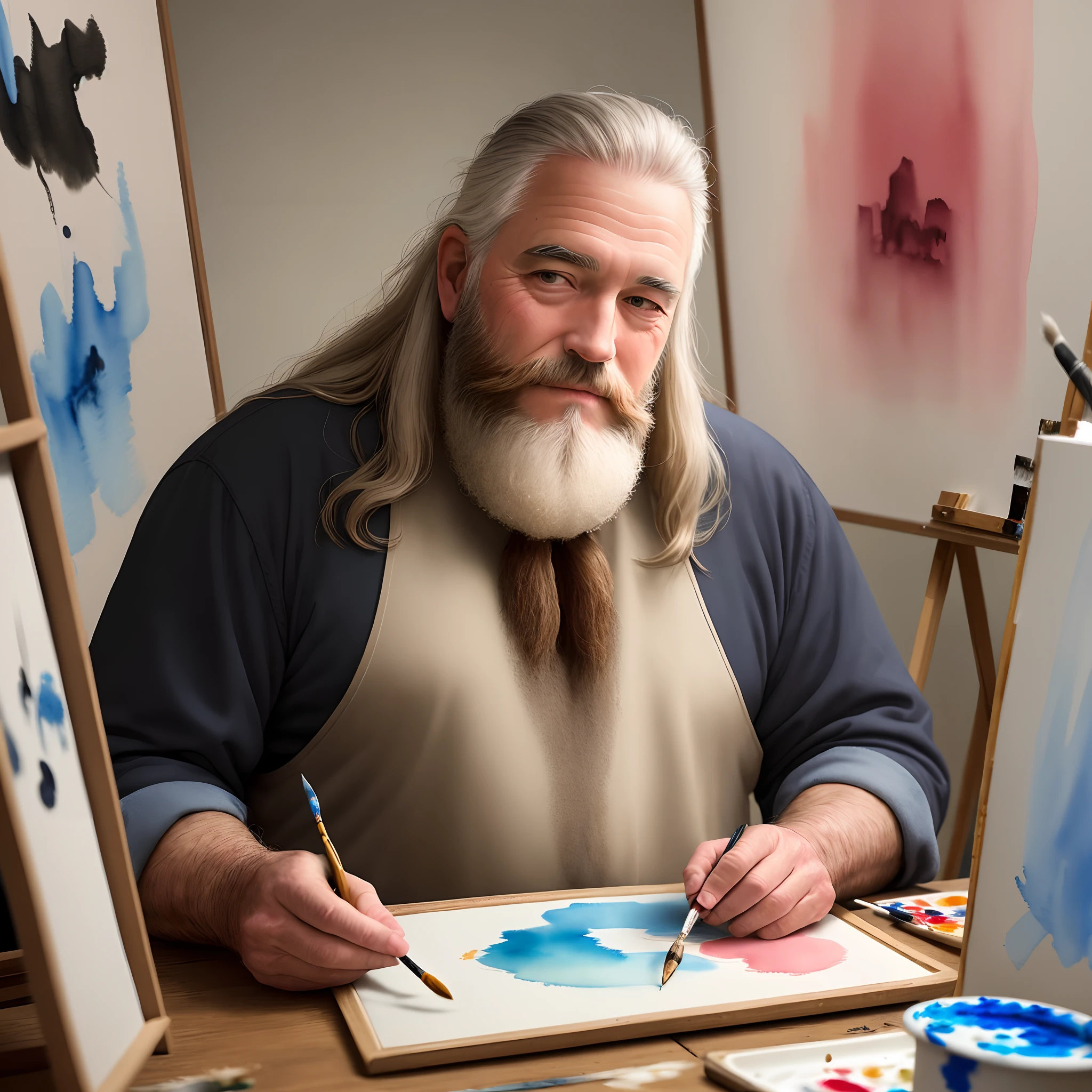 A 55 year old man with hair down to his neck and a large beard, his beard and hair are old white, he is painting a watercolor by hand, in the photo taken it shows him from behind, recent photo