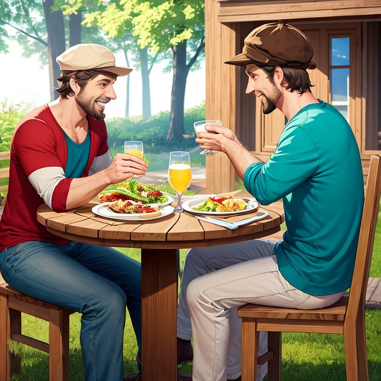 A light and humorous composition:
A man comes to a man friend to a man friend to the dacha - sit down to dinner:
- Do you want a clean plate or a washed one?
The image is humorous in nature, conveying an amusing dynamic. The composition uses playful visual elements and bright colors that enhance the comedic atmosphere, evoking a sense of lighthearted fun.