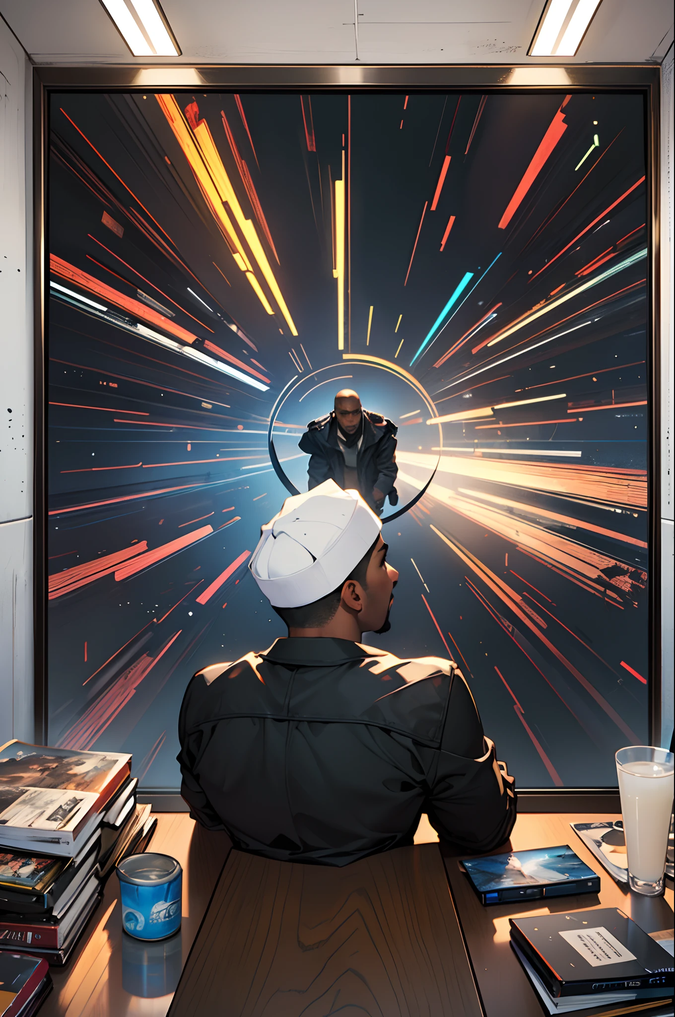Aerial view shot of neon lit framed art portraits falling from above in a scene and surrounding a black man sitting on a reflective surface reflecting the oblects in the scene, in a spotlight of white light shining on him from above, whole scene dark, black background except for the black man seated in the light circle, abstract art, spotlight shining a white light on the black man providing a black and white cinematic colour grading in the scene, surrealism, artgerm style, 32k, ultra HD, unreal engine rendered, hyper-realistic image, --auto --s2