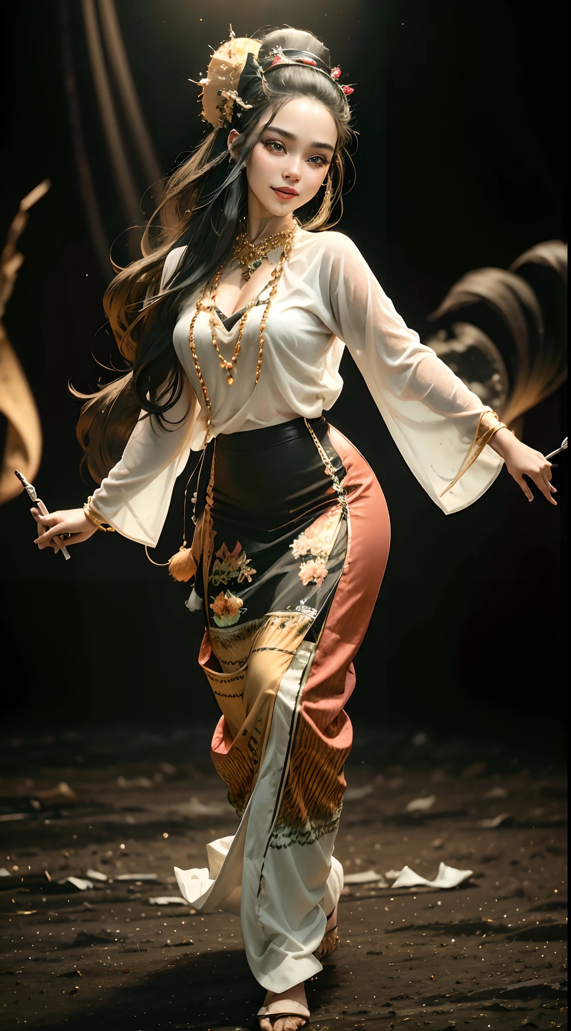 (best quality,4k,8k,highres,masterpiece:1.2),ultra-detailed,(realistic,photorealistic,photo-realistic:1.37),portrait,beautiful woman dancing, Burmese green clothes, joyful expression,energetic dance moves,colorful lights,fashionable attire,vibrant atmosphere,resplendent background,gleaming disco ball,delicate facial features,flowing motion,stylish hairstyle,long flowing black hair,sensual red lips,sparkling green eyes,captivating smile,graceful posture,lively music,exuberant personality,confident and happy, Light sticks are erected on the side