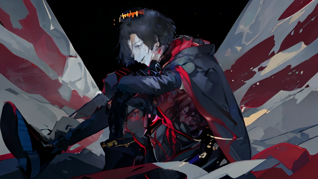 masutepiece、​masterpiece, top-quality, 1 man, Adults, a handsome, tall muscular man, broad shoulder, finely eye and detailed face, Highly detailed CG Unity 8K wallpapers, intricate detailes, intricate detailes, Long beige hair, a wizard, Commander, natta, magical effect, loimu, upper view, frombelow, depth of fields、dark backgrounds、red earrings、Holding the knees、aromatic々and face