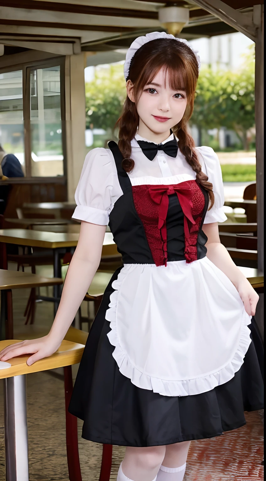 promo photo, The place is a seaside cafeteria，1 girl, -yeld fa waitresses, Red-headed twin-tailed, Gentle face, Gothic Lolita half costume and maid costume with strawberry image, Clothes based on white,