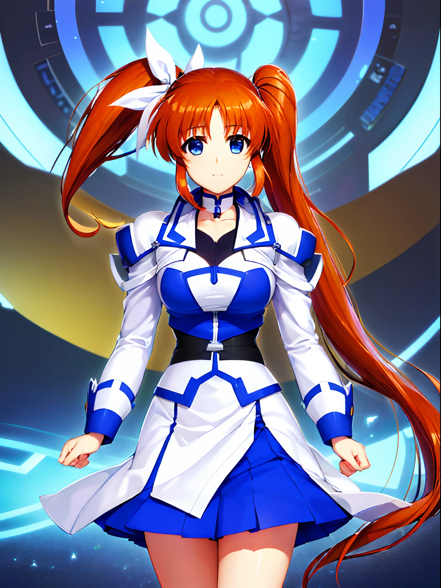 An ultra-high picture quality、3D images:1.5、Nanoha、独奏、(top-quality:1.2),extra detailed face, (Magical Girl Lyrical Nanoha), one girls、天空、Long hair, Blue eyes, Brown hair, Hair Ribbon, (Side Ponytail:1.5), White ribbon,Blake Magical Girl, Jacket, Collar, Puffy sleeves, Long sleeves, White jacket,A little blue, Nagai Skirt、extremely details CG, (Perfect hands, Perfect Anatomy),the whole、front-facing view、独奏、best pictures, Soft light,8ＫImagen、