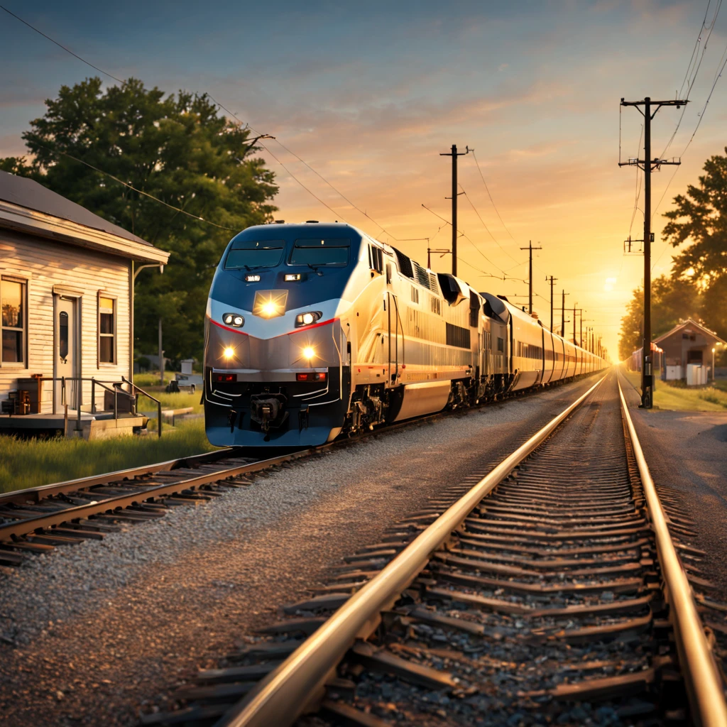 american amtrak train pulls up to a small township station in the northern united states, modern days, summer, soft light of the yellow sunset, realistic, cinematic, soft colors, ultra quality, hyper realistic