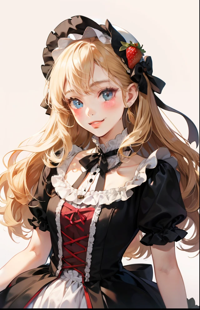 girl with、Background white、without background、a blond、The long-haired、Curly hair、Curly hair、Contrasting bangs、Onepiece、frilld、bow ribbon、ta Fashion、with blush cheeks、Smiling、Have strawberries、Scoop、strawberries、kawaii、without background
