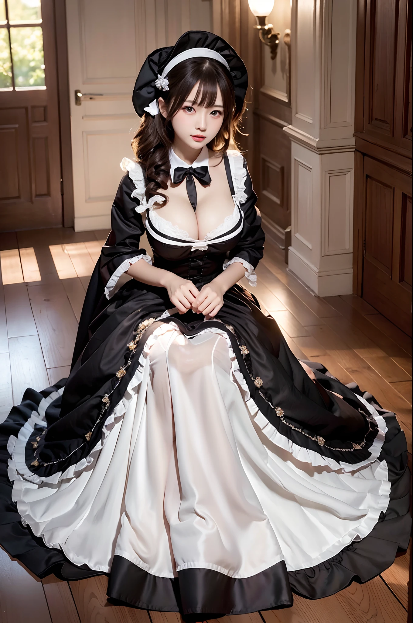 ​masterpiece、top-quality、hight resolution、extremely detailed photo、profetional lighting、A sexy maid、doress、Lori in a dress、gorgeous maid、maid clothes、maid dress、Maid in uniform、Girl in maid clothes、Black ruffled dress、((a blond))、fullllbody、