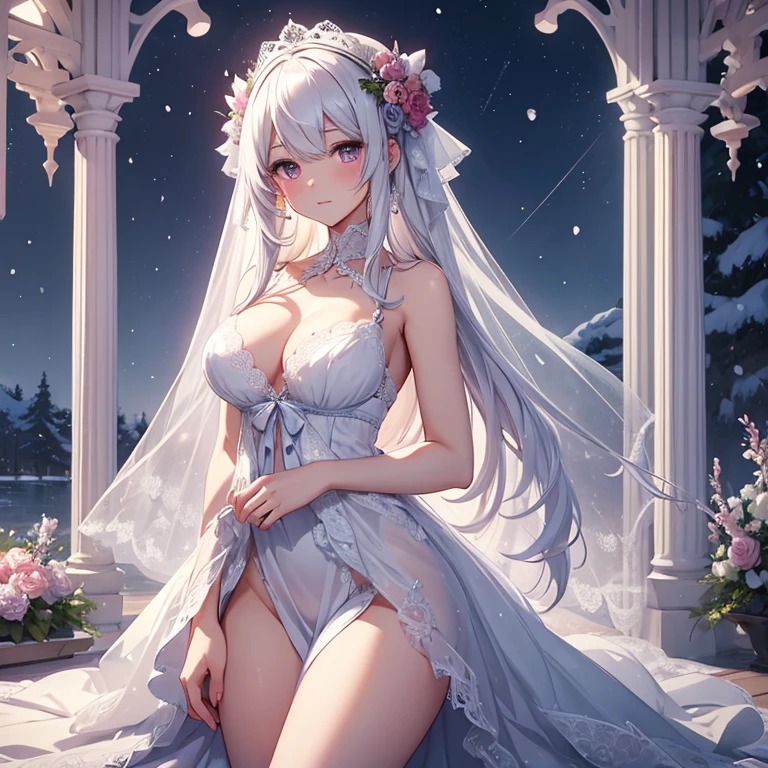 女の子1人、Masterpiece、top-quality、Delicate and beautiful、white  hair、Beautiful and delicate long hair、Long veil、爆乳、Delicate and beautiful white lace dress、Bejeweled dress、Beautiful garnet-colored eyes、Enchanted breasts、Enchanted thighs、Delicate and beautiful flower garden、It's snowing in the shimmering snow、moonlight、nigh sky、Beautiful lace ribbon、Ephemeral atmosphere、Gentle expression、Delicate and fine、4K、high-level image quality