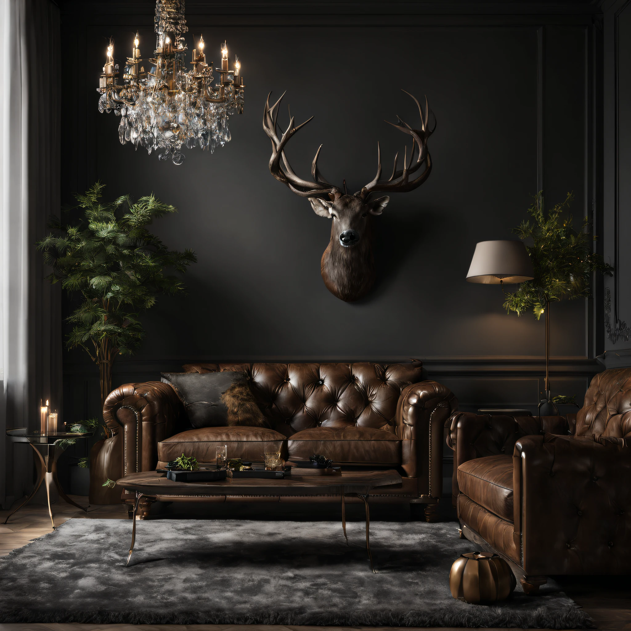 rich man's house, leather sofa, chandelir, hunting trophies, octane render, darkslategray wall, ultra details, interior design, 8 k , AF CHALK on teh wall