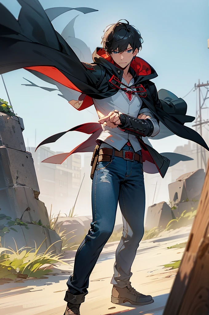 masterpiece, best quality, high quality, 1boy, solo, male focus, looking at viewer, upper body, mugi_awaya, short undercut cool hair, blue eyes, beautiful eyes, black hair, ,long jacket cloak, long jeans, hiking shoes, soft smile, adult man, standing, tall body, adult body, slightly muscle, legs, wear a hood, hidden Blade under his wrist, fighting pose, assassin creed, assassin, assassin creed outfit, empty background