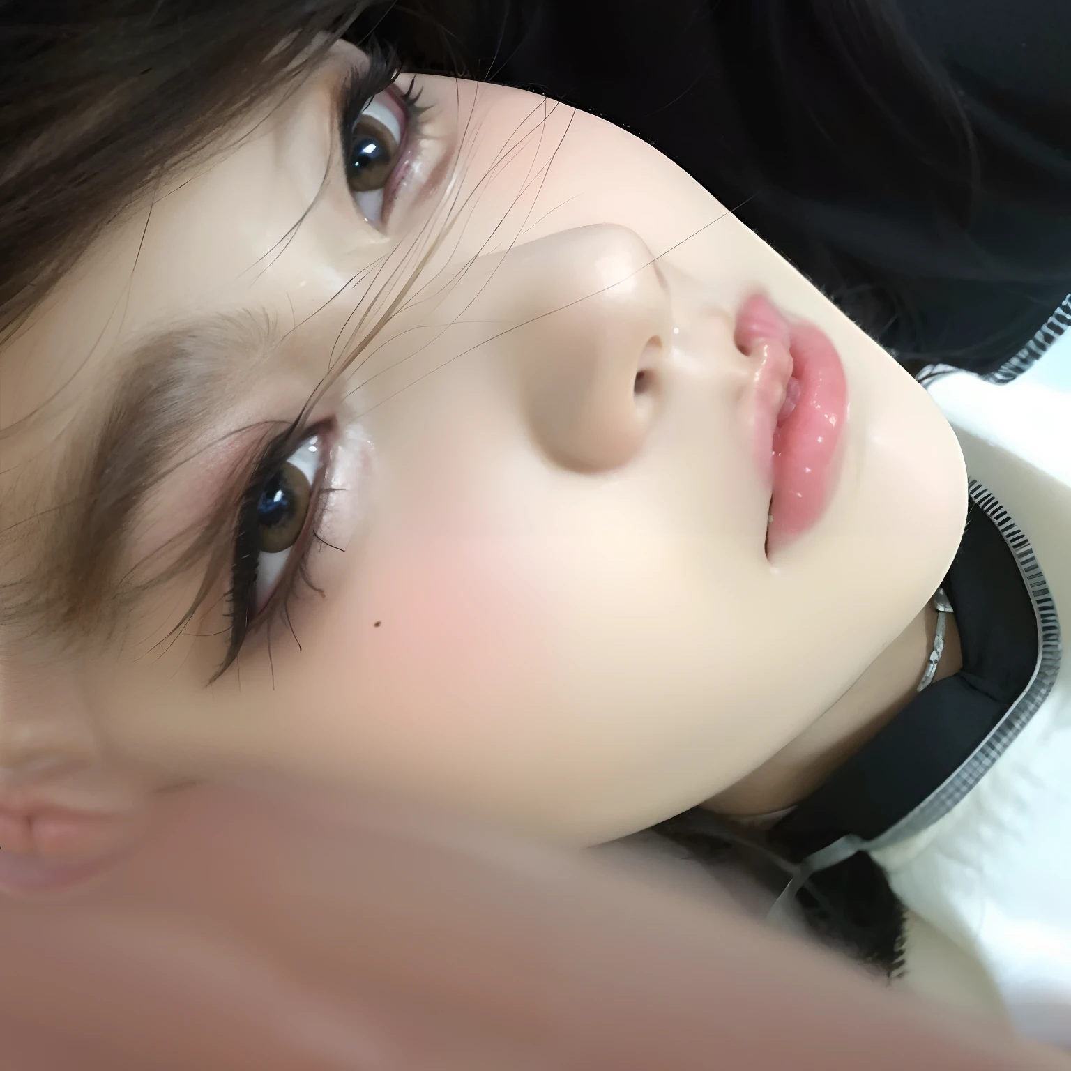 Hay una joven de pelo largo y camisa negra, ulzzang, maquillaje ligero, maquillaje suave, Sakimichan, lindos ojos redondos rasgados, Labios claros y de alta calidad, Cara delicada y encantadora, maquillaje ligero, Linda cara de anime natural, Wan adorable cara coreana, Jinyoung Shin, Beautiful aesthetic face, chica linda-fina-cara
