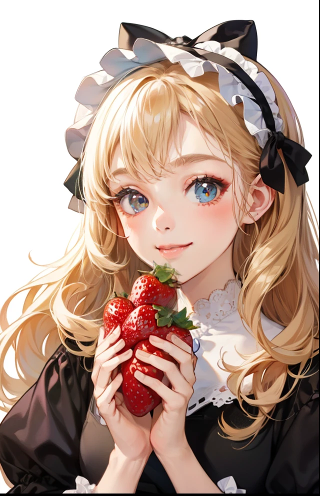 girl with、Background white、without background、a blond、The long-haired、Curly hair、Curly hair、Contrasting bangs、Onepiece、frilld、bow ribbon、Lolita Fashion、with blush cheeks、Smiling、Eating strawberries、Scoop、Strawberries、kawaii、without background