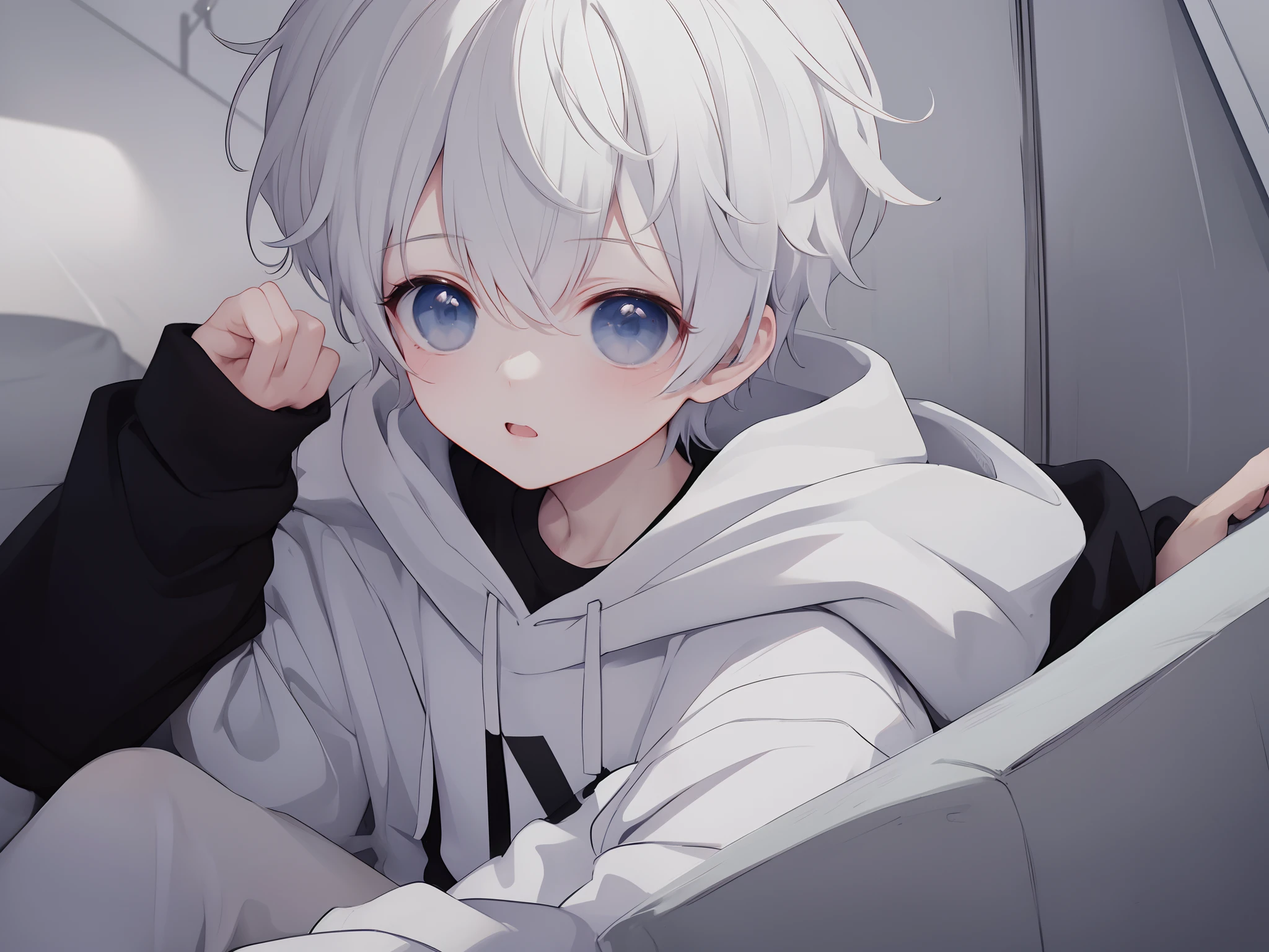Masterpiece, Best quality, 8K resolution ,1boys,Wearing a black minimalist hoodie,adolable,Shota,White messy short white hair,Directly in front,white backgrounid