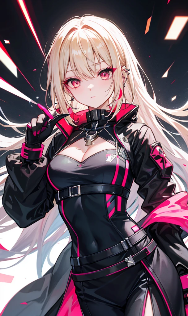 (((Adult woman))), ponytail blonde hair, (Pink eyes), black leather clothes