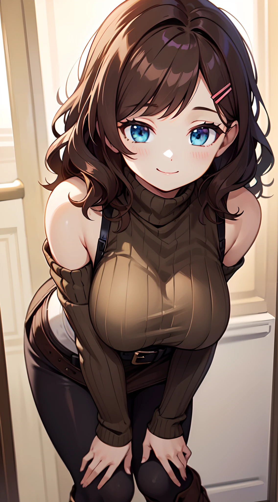 masterpiece,best quality,ultra detailed,8k,tall,big female,gigantic breasts,young,20 years old,medium hair,wavy hair,brown hair,hairclip,brown sweater,ribbed sweater,bare shoulders,detached sleeves,belt buckle,constricted pupils,panicking,surprise,open mouth,full-face blush,sweat,sitting on the toilet seat, Toilet lid is open, in restroom, from front, (panty pull:1.2),wide eyes,toilet use,