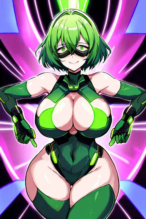 Green hair, bodysuit, short hair, tech, futuristic, science-fiction, neon trim, green neon trim, very short hair, pantuhose, swaying hips, hip sway, breasts, large breasts, bouncing breasts, 1girl, arms behind back, hands behind head, thick thighs, wide hips, anime style, anime screencap, 2d, light smile, dancing, sway, mind control, hypnosis, vr visor, head-mounted display, covered eyes, goggles
