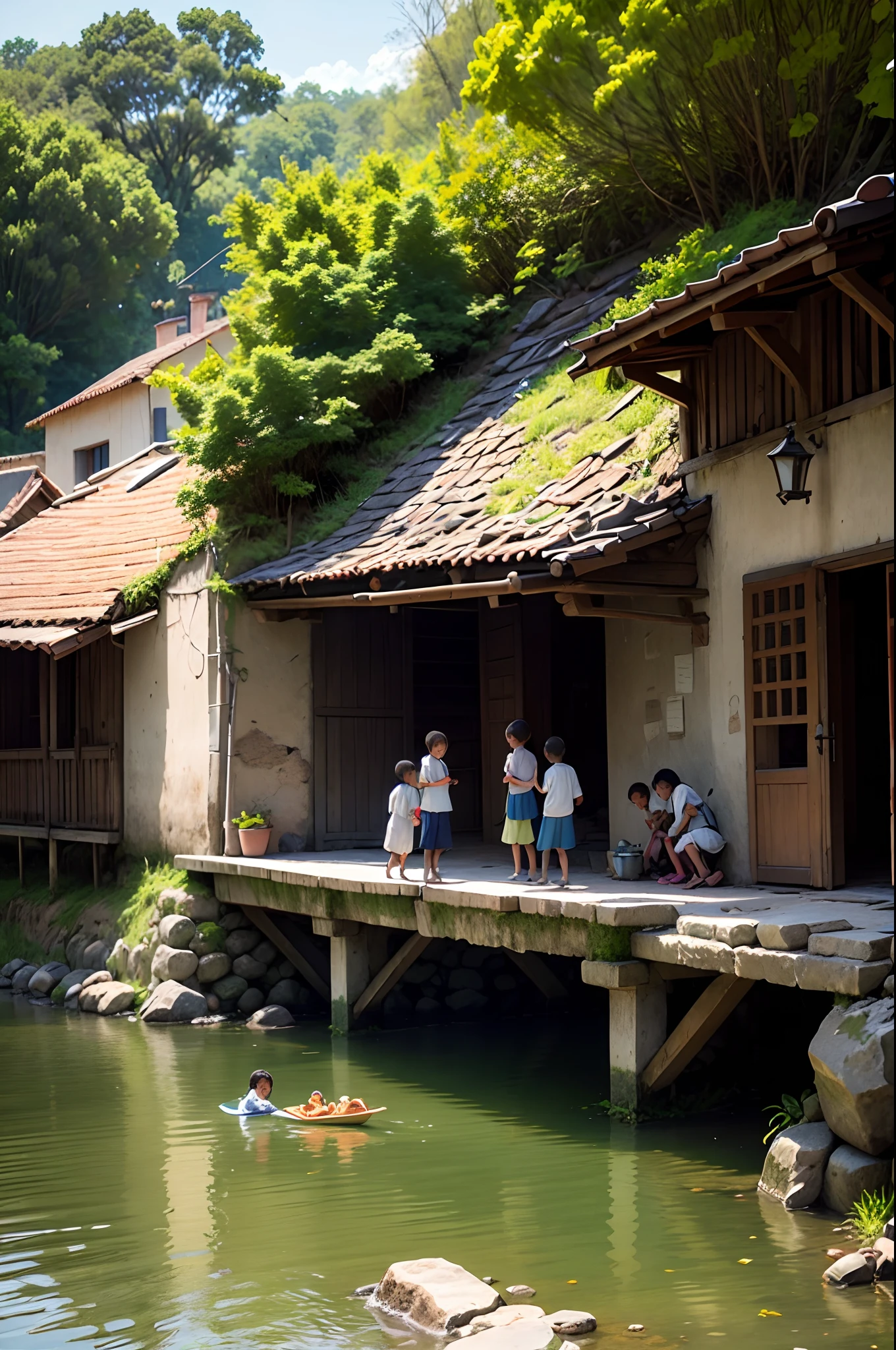 A group of children playing by the river,Small rivers,rios,steins