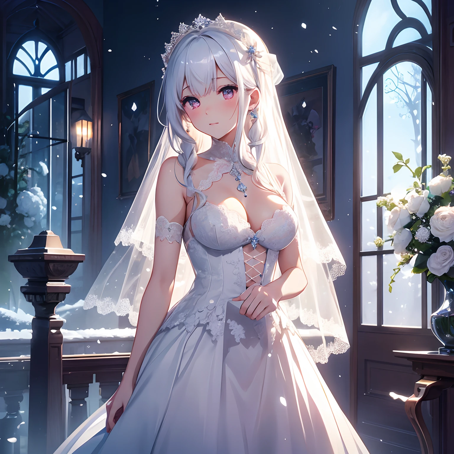 女の子1人、Masterpiece、top-quality、Delicate and beautiful、white  hair、Beautiful and delicate long hair、Long veil、爆乳、Delicate and beautiful white lace dress、Bejeweled dress、Beautiful garnet-colored eyes、Enchanted breasts、Enchanted thighs、Delicate and beautiful flower garden、It's snowing in the shimmering snow、moonlight、nigh sky、Beautiful lace ribbon、Ephemeral atmosphere、Gentle expression、Delicate and fine、4K、high-level image quality