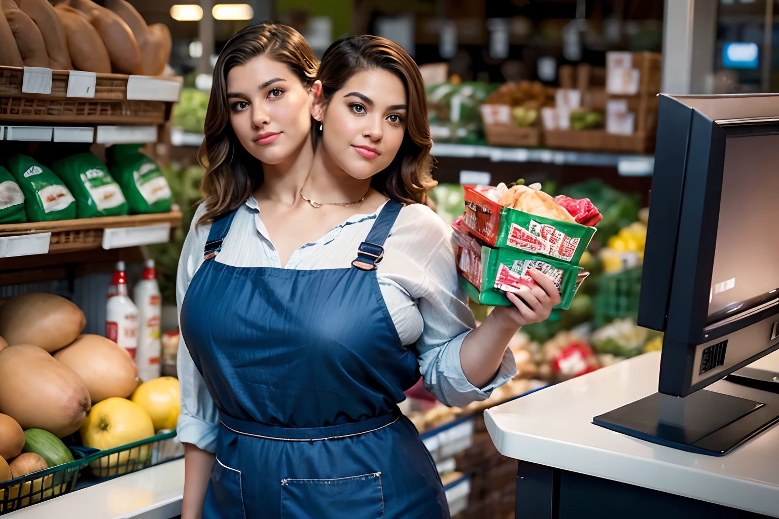 (((2heads))),**render**: full body,fat woman,(((dressed as a small grocery store cashier))),blonde, overweight,  thicc, holding a grocery brown bag, cute face,  brunette, detailed skin, detailed eyes,  Rendered in highly detailed 4K, Get caught up in intense moments at the supermarket check out lane. When she shakes her fist, The luster of her skin and her detailed features stand out. The background is vivid with strong lighting, ((big bulge))