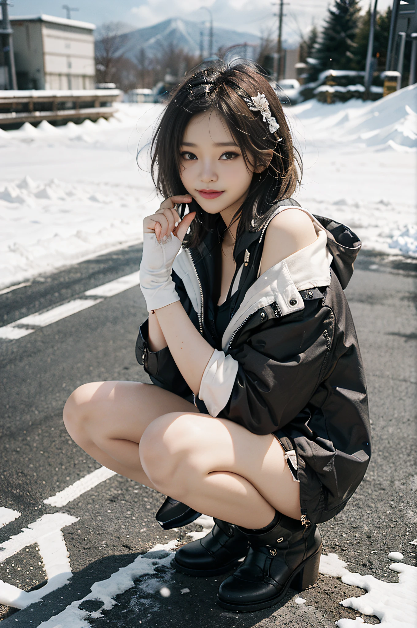 Top image quality、Very high resolution、table top、Photo quality(photographic realistic:1.8)、pores、precision、realistic skin textures、（beautiful hands）、（skinny legs）、japan women、 18 years old、front、short hair、A brunette、Girl with a cute smile、thin girl、chest、flat chest、Squatting on a snowy road、I put a chain on my car tire、 black down jacket、short boots、Wear work gloves、Beautiful snow、There's a little snow on the head、