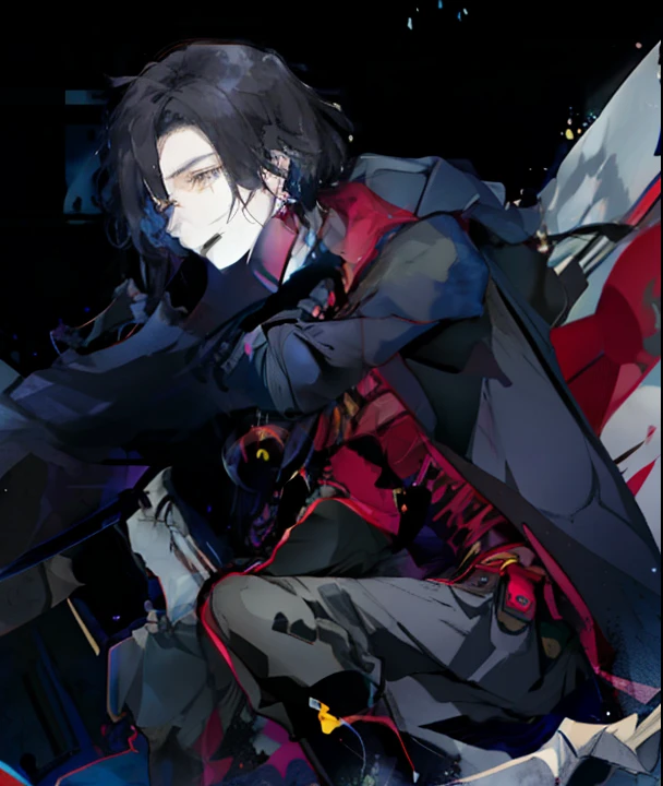 masutepiece、masterpiece, top-quality, 1 man, Adults, a handsome, tall muscular man, broad shoulder, finely eye and detailed face, Highly detailed CG Unity 8K wallpapers, intricate detailes, intricate detailes, Long beige hair, a wizard, Commander, natta, magical effect, loimu, upper view, frombelow, depth of fields、dark backgrounds、red earrings、Holding the knees、aromatic々and face