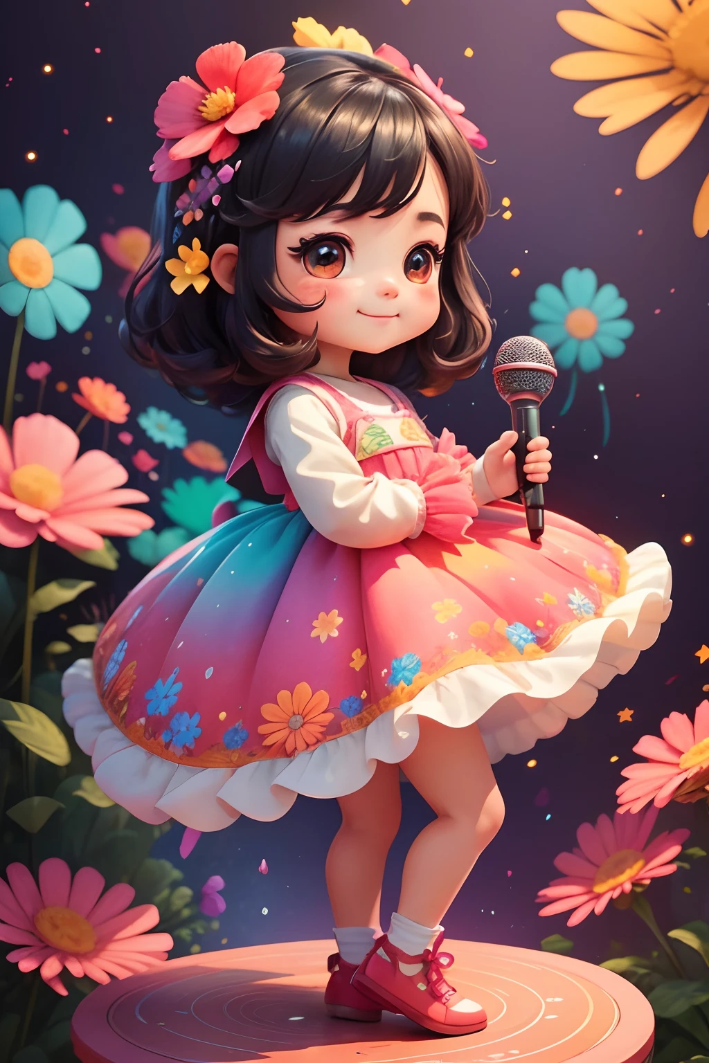 Extremely detailed,(Fractal Art:1.1),(Colorful:1.1)(Flowers:1.3)、 (Dynamic Pose), (Abstract background:1.3)、(Many colors:1.4)、Place one small doll on a circular stand、kawaii pose、A smile、A dark-haired、Chibi Doll、Stars in the eyes（kirakira）、Singing with microphone in hand、Eye Up、Laugh、Cute red shoes、Ultra Detail, radiant light、bio luminescent、Stronger bokeh effect、Taken from the side