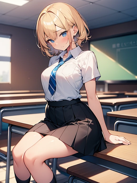 (Masterpiece, top quality, high resolution, realistic photo, realistic looking skin:1.1),
(In a high school classroom, a woman stands, sits on a chair, or squats to show us her panties:1.8), 
(She has a provocative smiling expression: 1.5),
(She is wearing a plain white collared shirt under a gray long-sleeved blazer of her high school uniform: 1.8),
(wearing a blue checked pleated mini-skirt from her high school uniform: 1.8),
(She is wearing gray socks: 1.8),
(She is wearing black loafers: 1.8),
(wearing white panties with a pattern: 1.5),
(She has short blonde hair: 1.8), 
(She has D-cup breasts: 1.5),
(She is tall and very good looking: 1.5), 
(She is half Japanese and half Spanish, so please make her look half Japanese: 1.8),
(The place is a high school classroom:1.5), 
1 Japanese girl, solo, full bodied esbian, beautiful eyes, shining eyes, shining thighs, NSFW