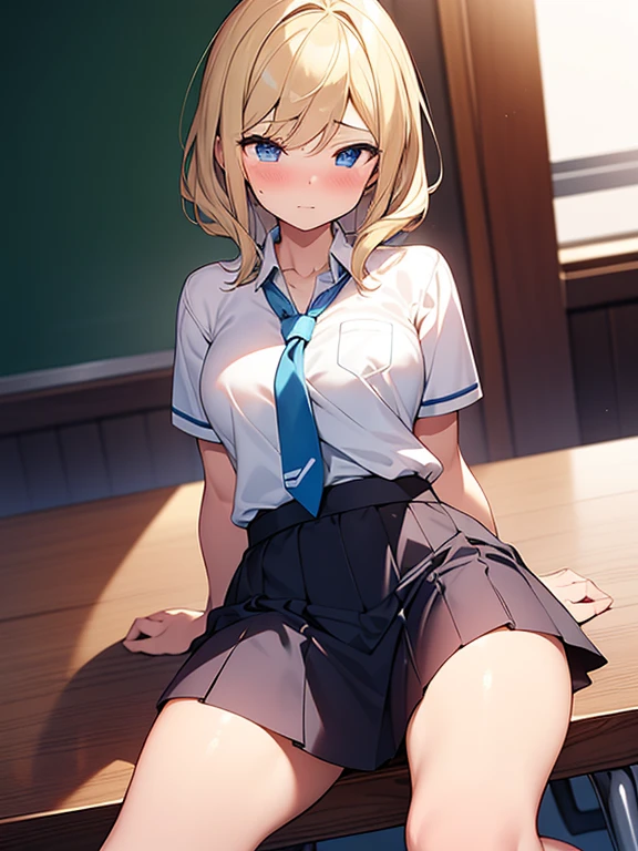 modest, Shy, Infinitely cute and beautiful, Athletic figure, Cheer up the sport girl ; blond with short hair, Small, neat elastic breasts; There is muscle relief; Big blue eyes, Long eyelashes, Blush slightly, Focused facial expressions; High school uniform (white shirt, Black skirt, pantyhouse, tie, shoes); Sitting at your desk, School Classroom, Many other girls, lesson, Soft light; Short-range, full-length photography; Anatomical realism, The is very detailed, High quality textures