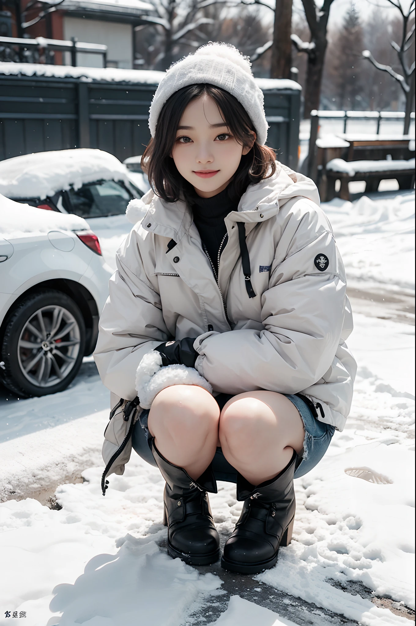Top image quality、超A high resolution、masutepiece、Photoquality(photographrealistic:1.8)、pores、accuracy、realistic skin textures、(Fine hands)、(Skinny Legs)、Japan women、18year old、Frontal、short-hair、A dark-haired、Girl with a cute smile、Slender girl、tiny chest、Flat-breasted、Facing the front、With your body facing the front、Squatting on a snowy road、Black Down Jacket、a miniskirt、White underwear is visible、Short boots、Wearing snow gloves、Fine snow、There is a little snow on my head、