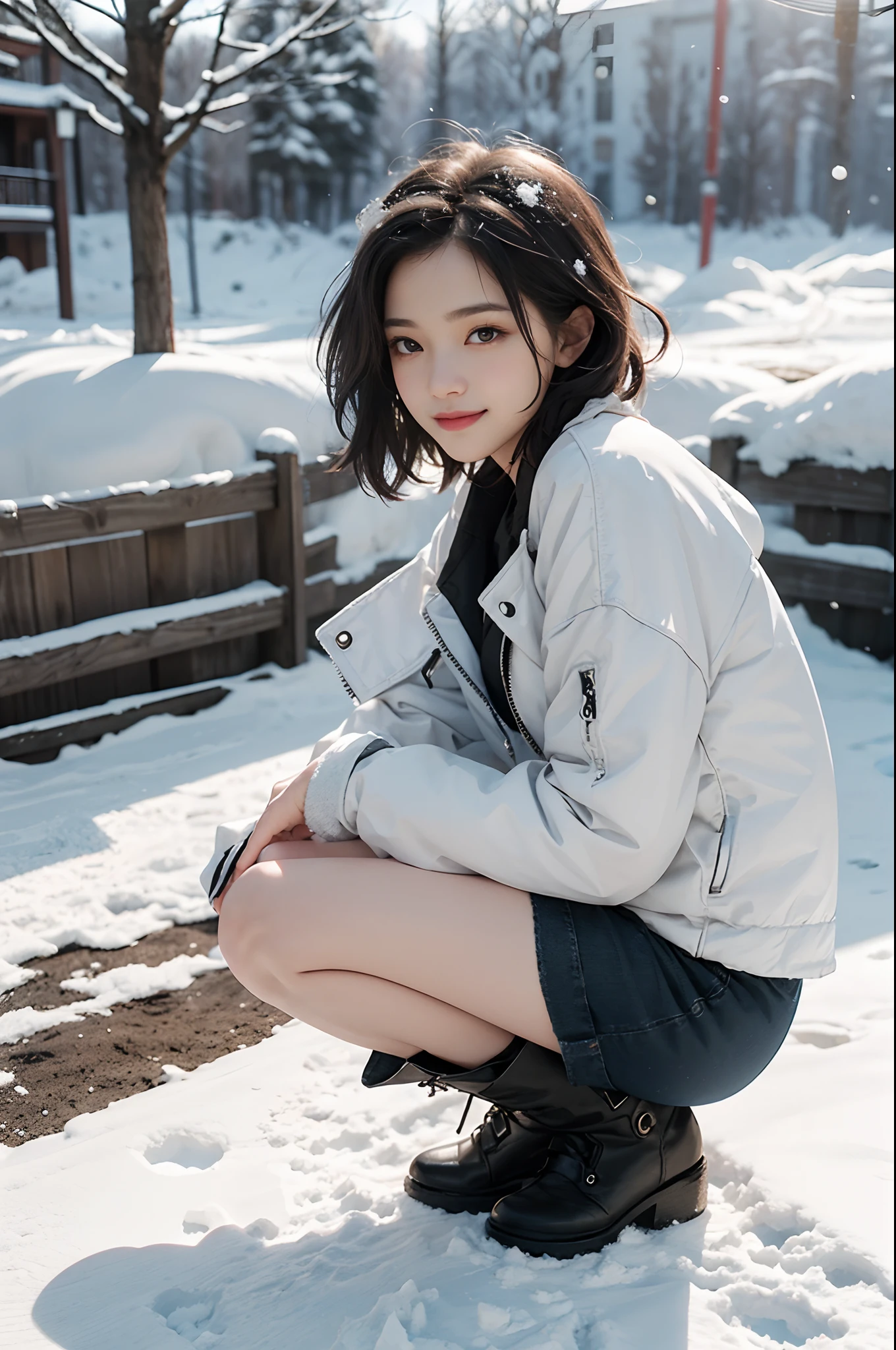 Top image quality、超A high resolution、masutepiece、Photoquality(photographrealistic:1.8)、pores、accuracy、realistic skin textures、(Fine hands)、(Skinny Legs)、Japan women、18year old、Frontal、short-hair、A dark-haired、Girl with a cute smile、Slender girl、tiny chest、Flat-breasted、Facing the front、With your body facing the front、Squatting on a snowy road、Black Down Jacket、a miniskirt、White underwear is visible、Short boots、Wearing snow gloves、Fine snow、There is a little snow on my head、