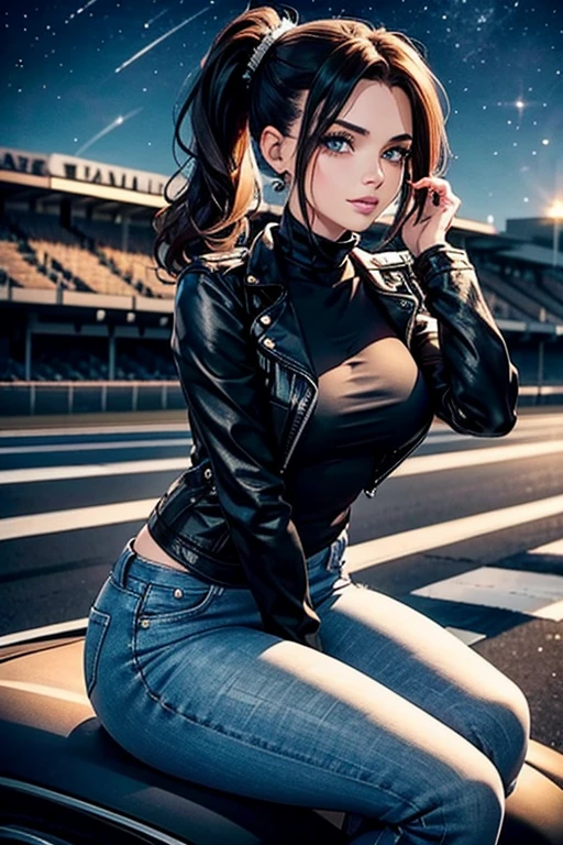 A girl, Wearing Jeans, Black top, Black Leather Jacket, Balack boots, Sit on a car hood, Raceway, Racetrack, blushing face , (Best quality:1.1), (Masterpiece:1.4), 1fille, (cheveux volumineux)+ , ((cheveux Ponytails))++, cheveux longs , (Yeux Bleux) , (big lips)+, peau brillante, brillant, starry night,