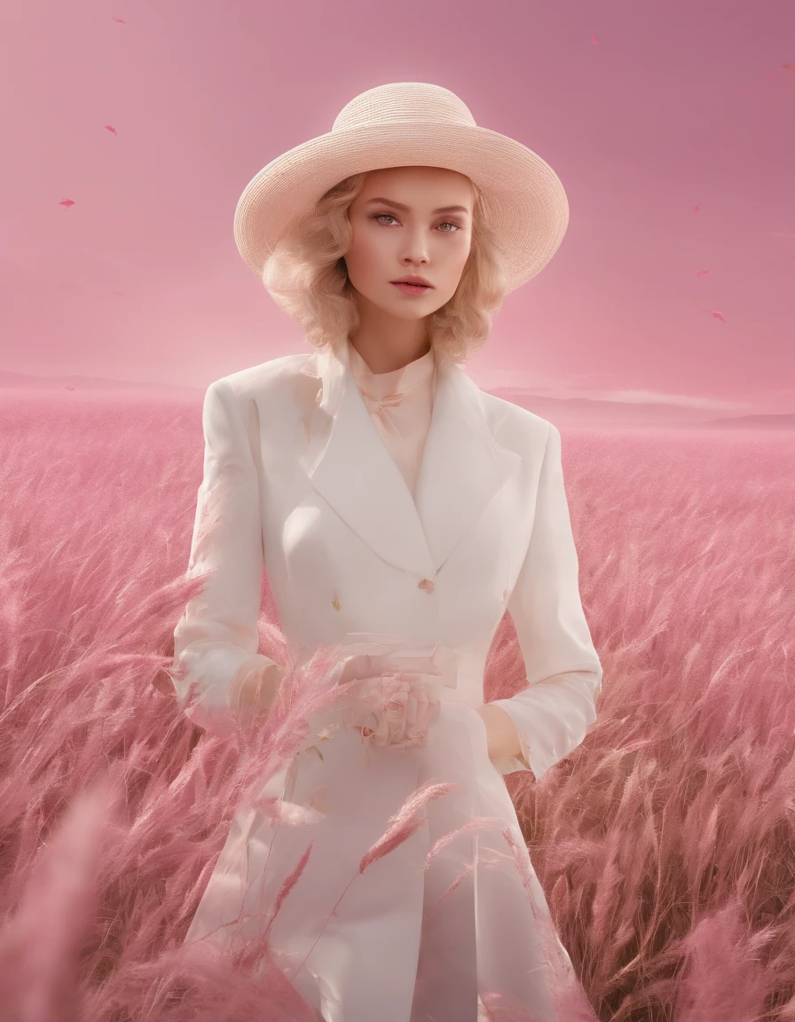 grassy fields, in the style of ethereal portraiture, Light white and light magenta, Celebrity photography, album covers, barbiecore, Crisp and delicate, Light yellow and light magenta.