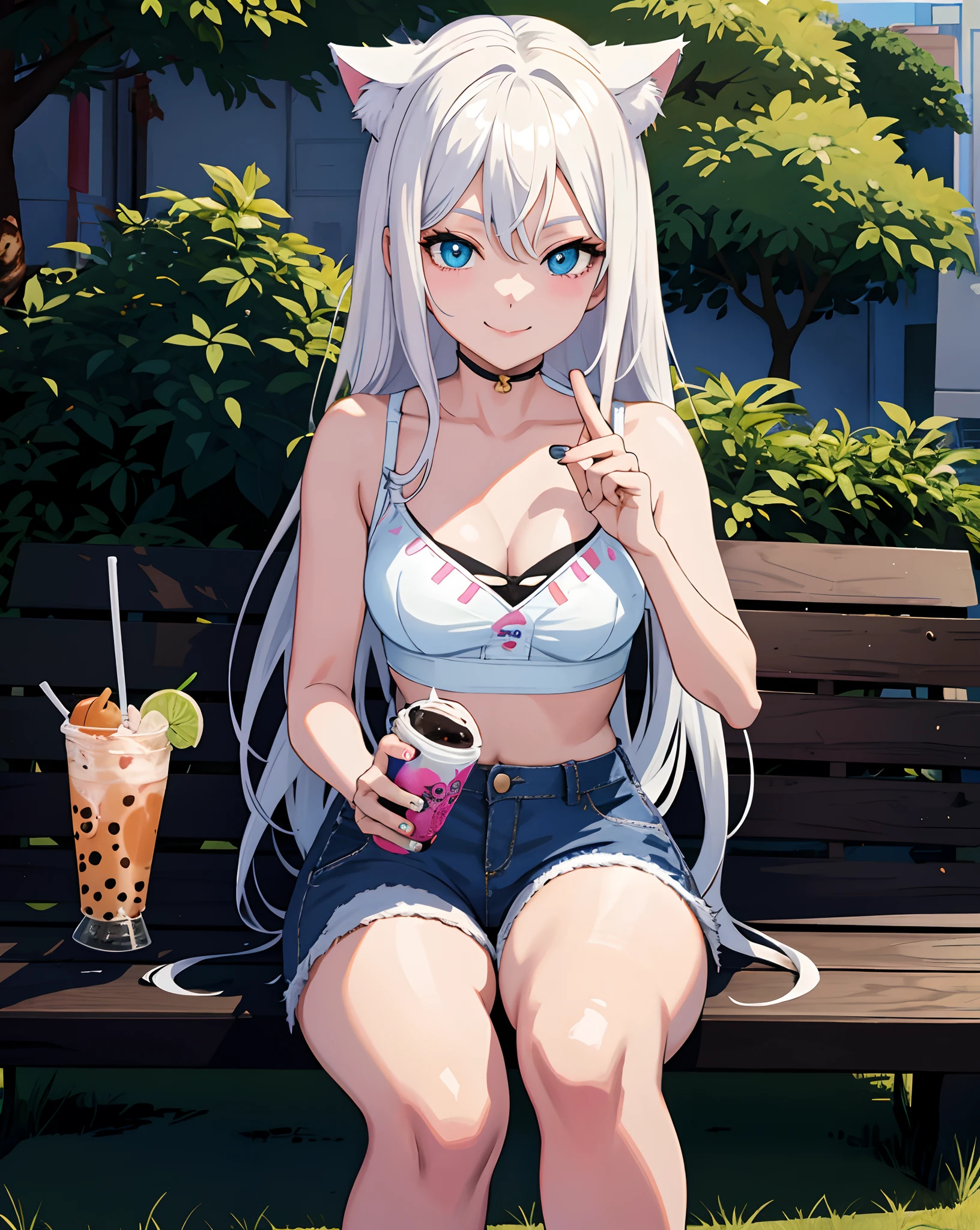 Emilia re:zero, purple eyes, Emilia, crown braid, x hair ornament, flower hair ornament, white hair, long hair, medium breasts, 1girl, white hair, sitting on a park bench in a park, she was holding boba drink 1 hand,
wear blue jeans shorts, wear clothes similar to a white bra, look forward, halfbody, long hair, cat ear, one hand holding bubble drink, (((look forward facing pose))) smile