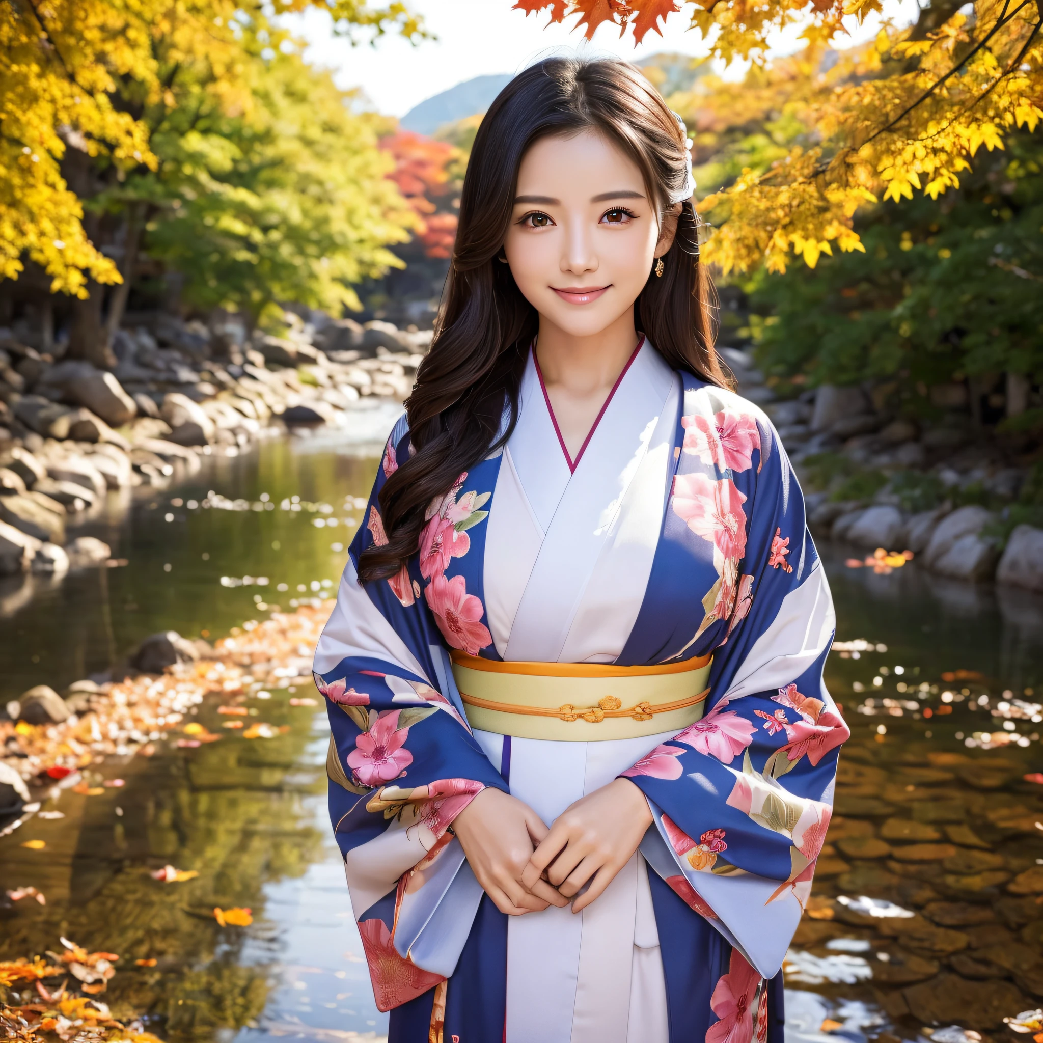 (Super beautiful woman in kimono)、((best qualtiy、8k masterpieces:1.3))、foco nítido:1.2、(ultra beautiful faces:1.0)、(shinny skin:1.0)、photos realistic、A dark-haired、Video Lighting、High-definition eyes and face、Video Lighting、Japanese actressl、from the front side、medium breasts、With a happy smile、wearing kimonos、Under the autumn leaves、